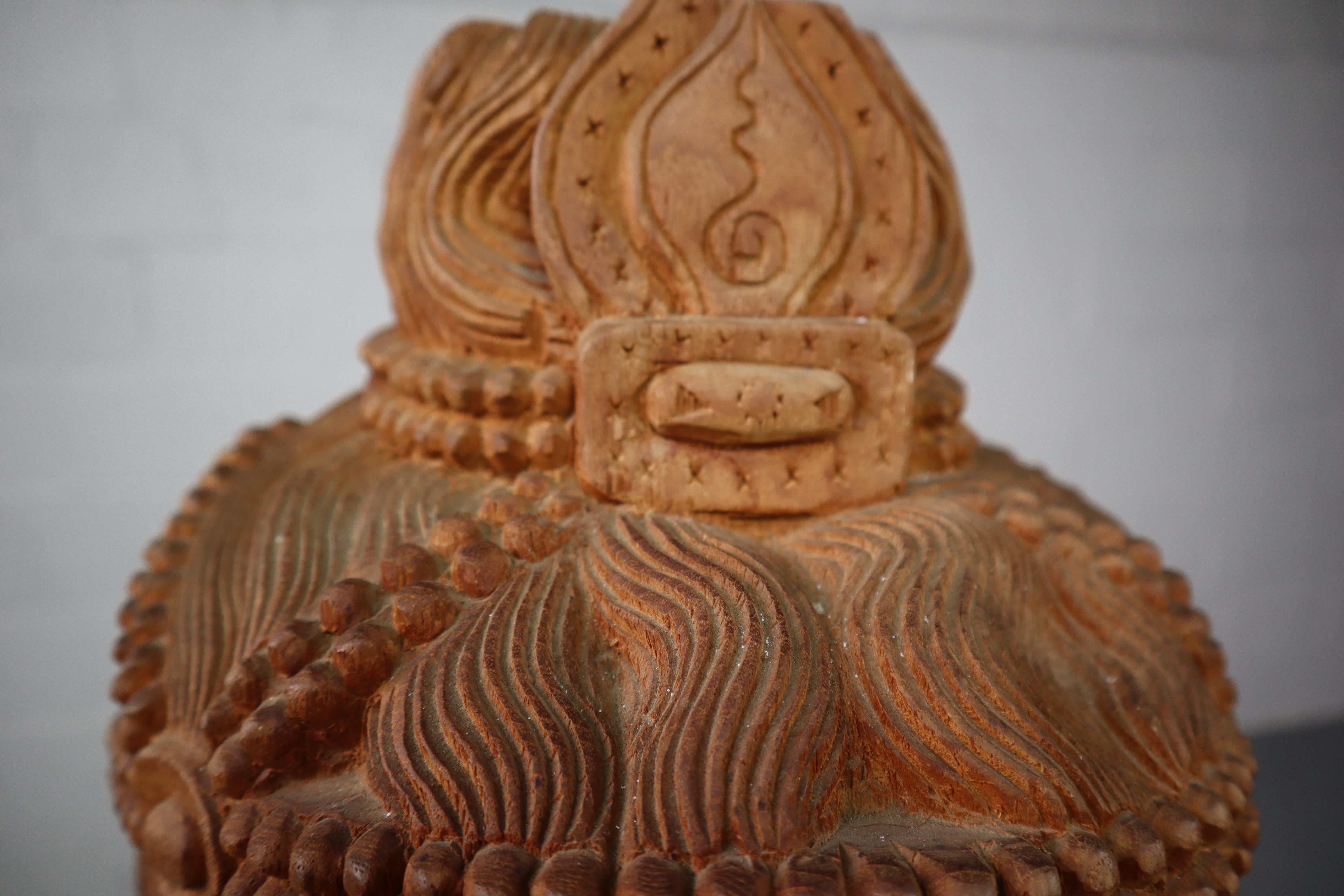 Vintage Carved Hard Wood Buddha Statue on Pedestal 7