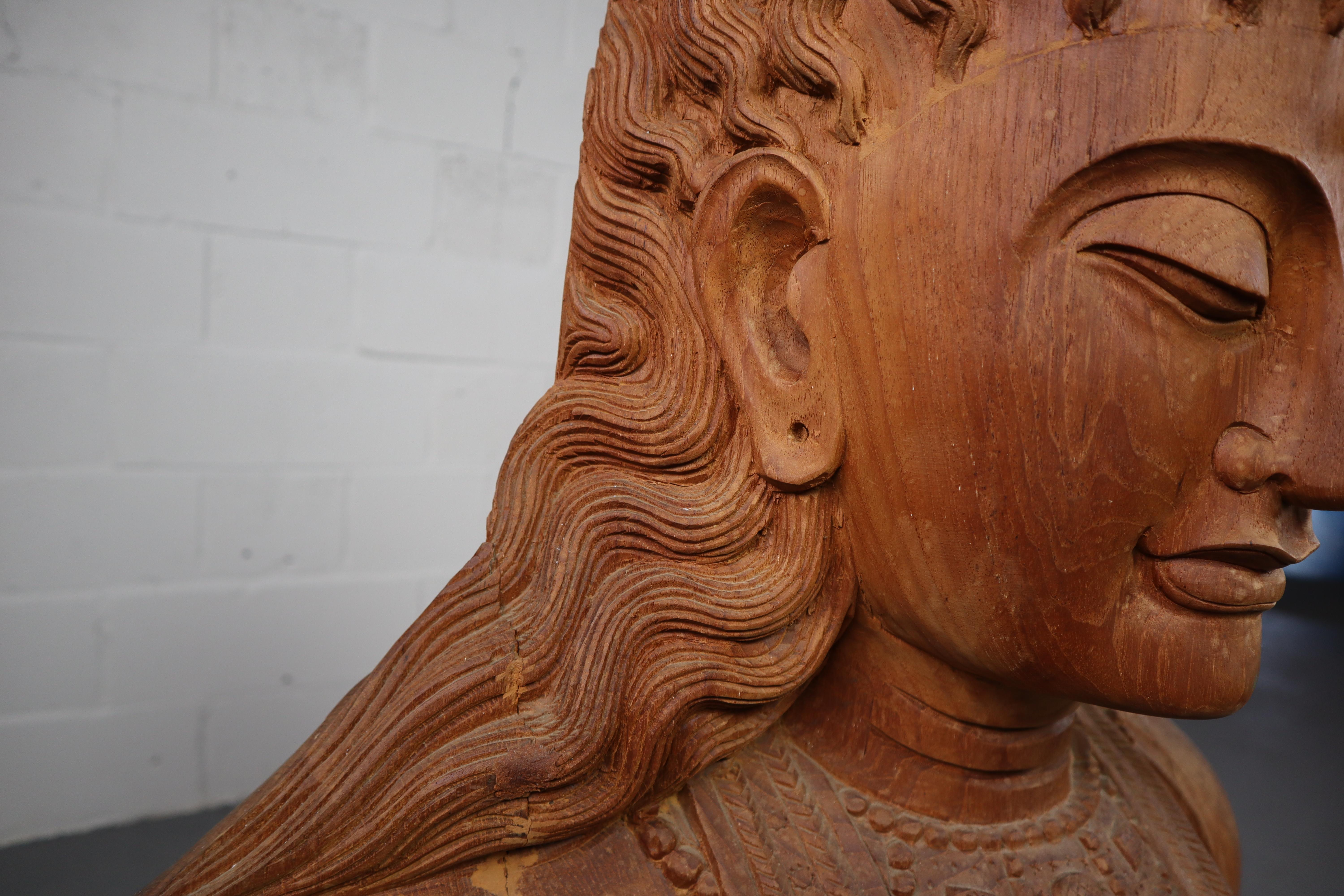 Indonesian Vintage Carved Hard Wood Buddha Statue on Pedestal