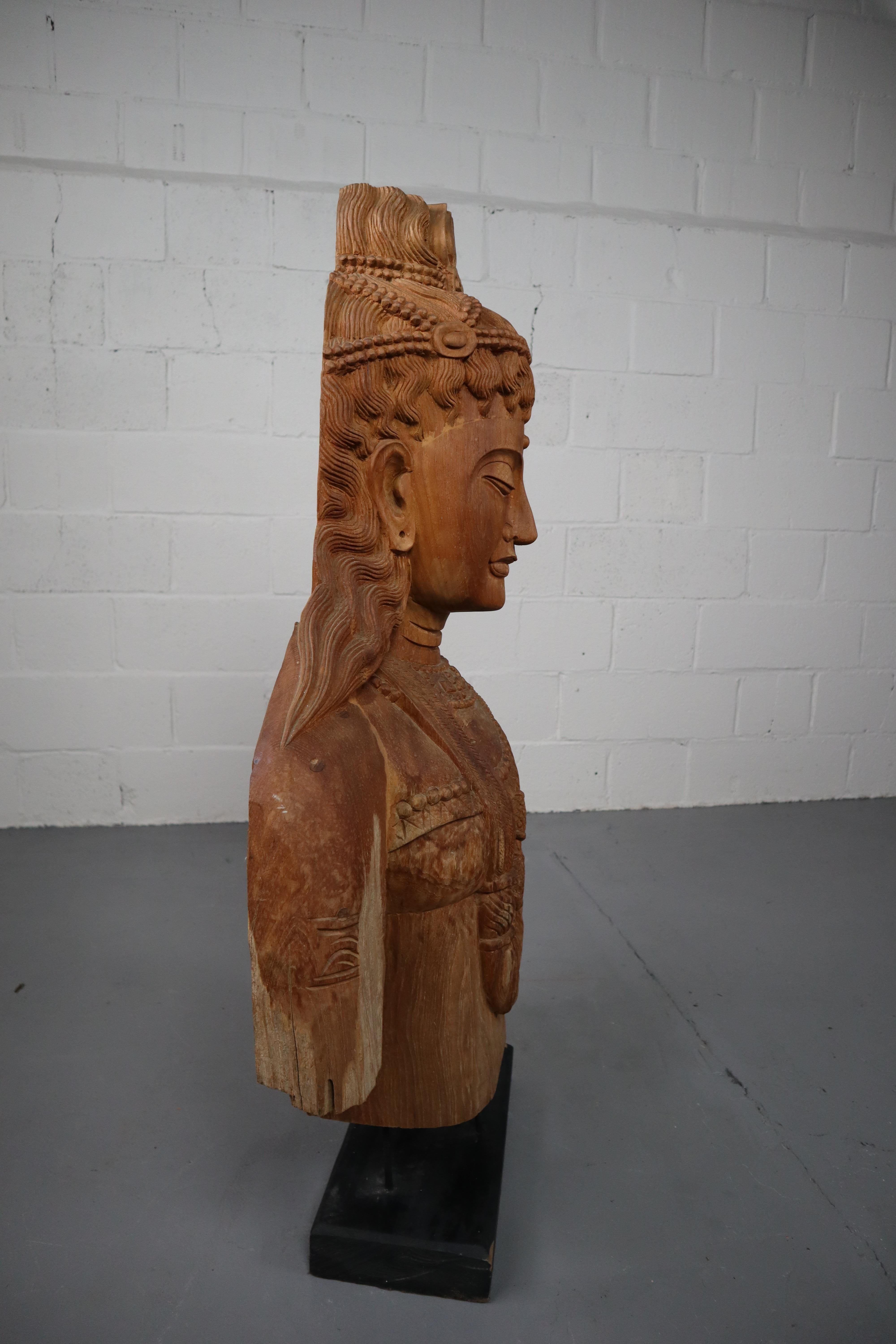20th Century Vintage Carved Hard Wood Buddha Statue on Pedestal