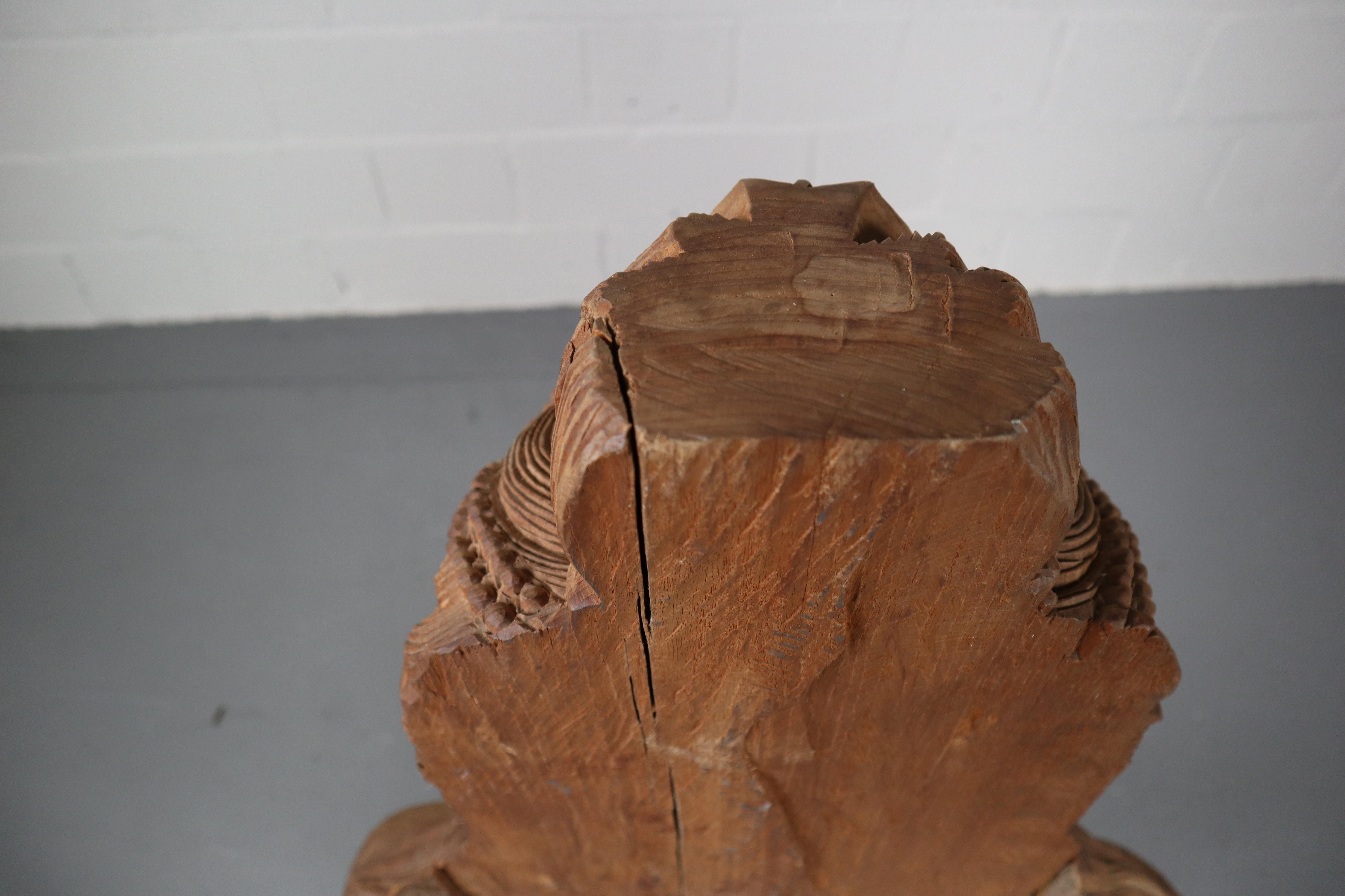 Vintage Carved Hard Wood Buddha Statue on Pedestal 1