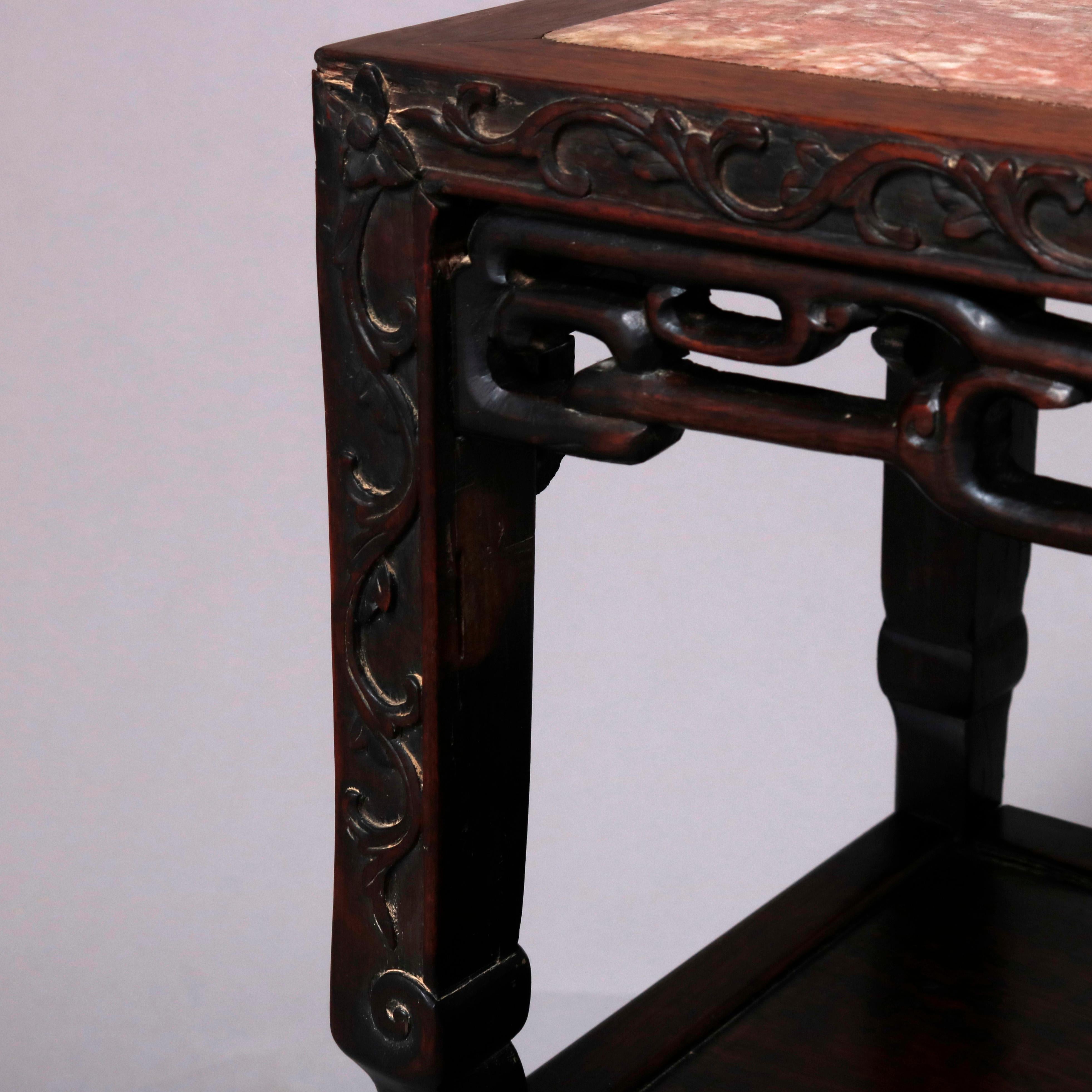 Vintage Carved Hardwood and Inset Marble Chinese Plant Stand, 20th Century In Good Condition In Big Flats, NY