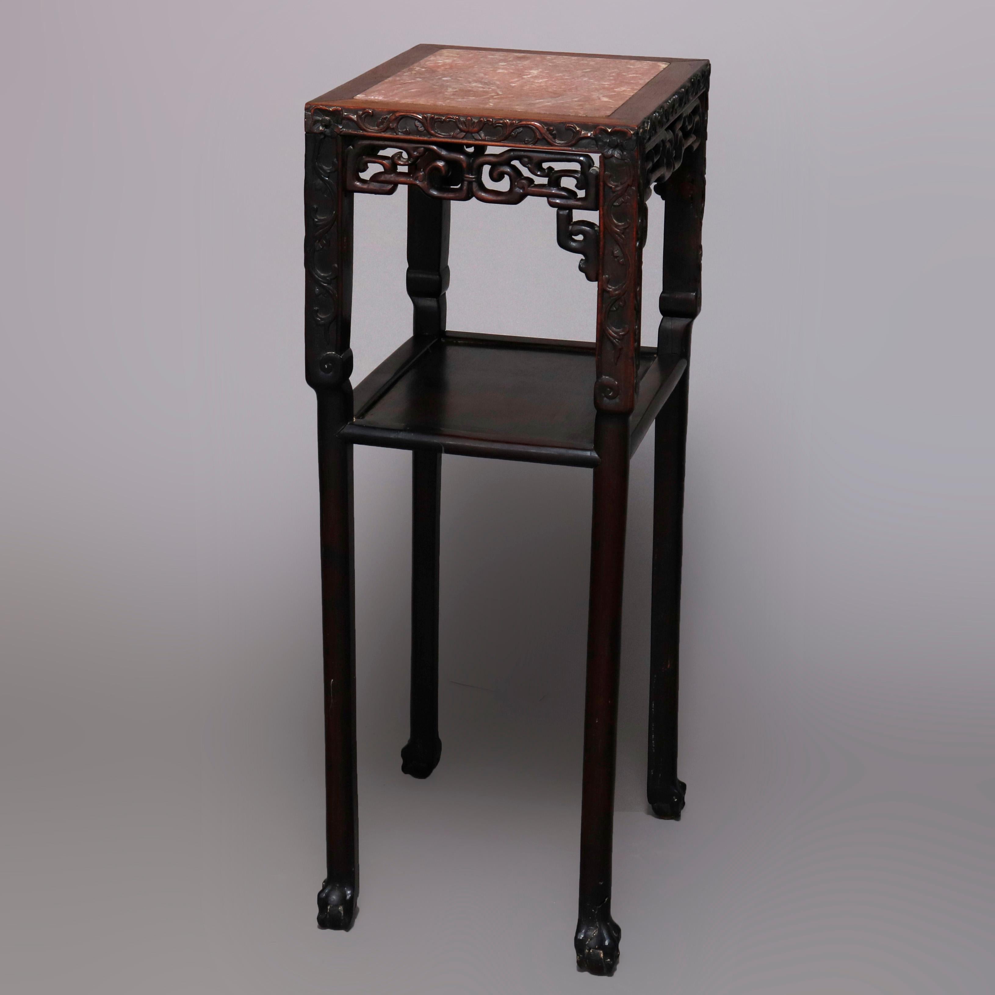 Vintage Carved Hardwood and Inset Marble Chinese Plant Stand, 20th Century 1