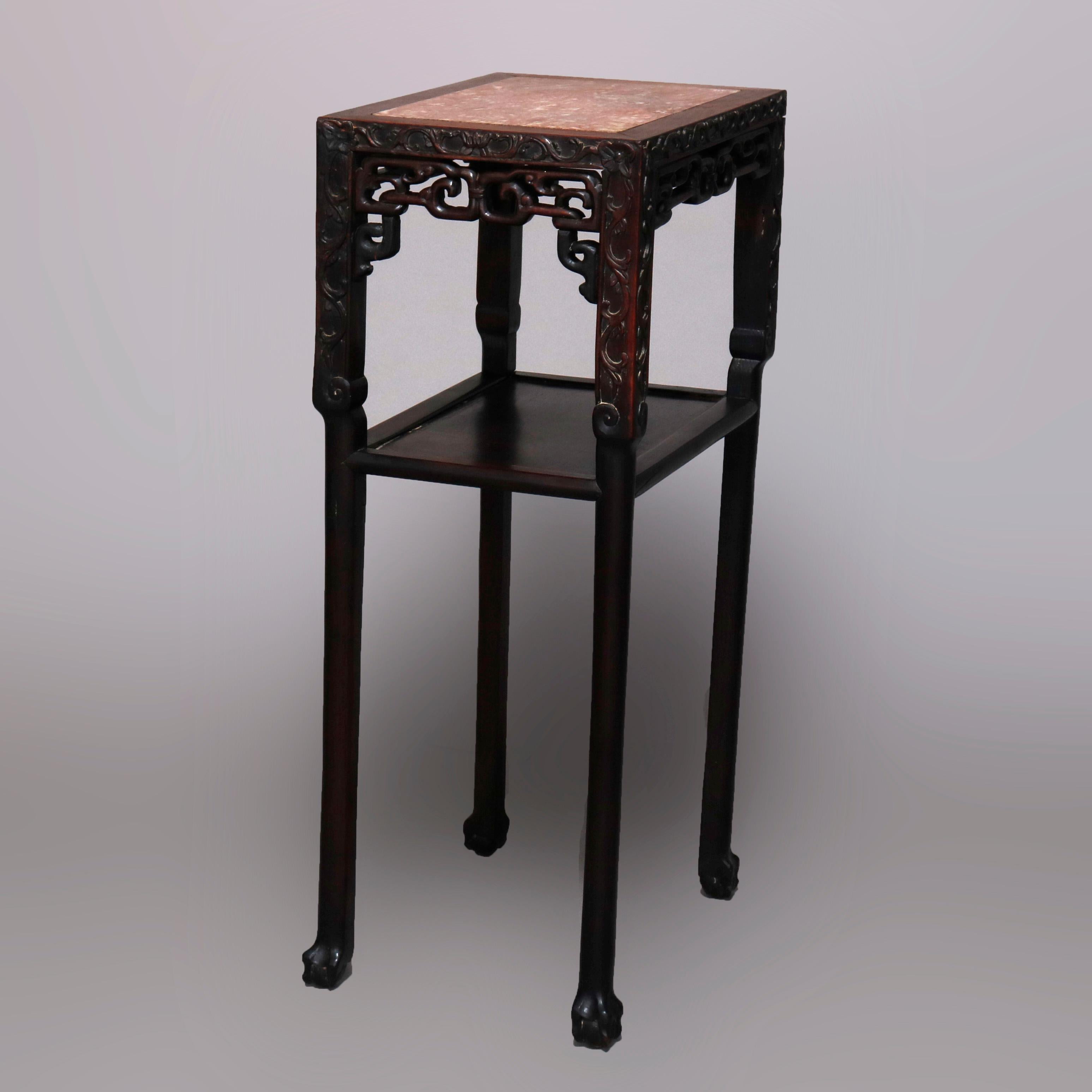 Vintage Carved Hardwood and Inset Marble Chinese Plant Stand, 20th Century 3