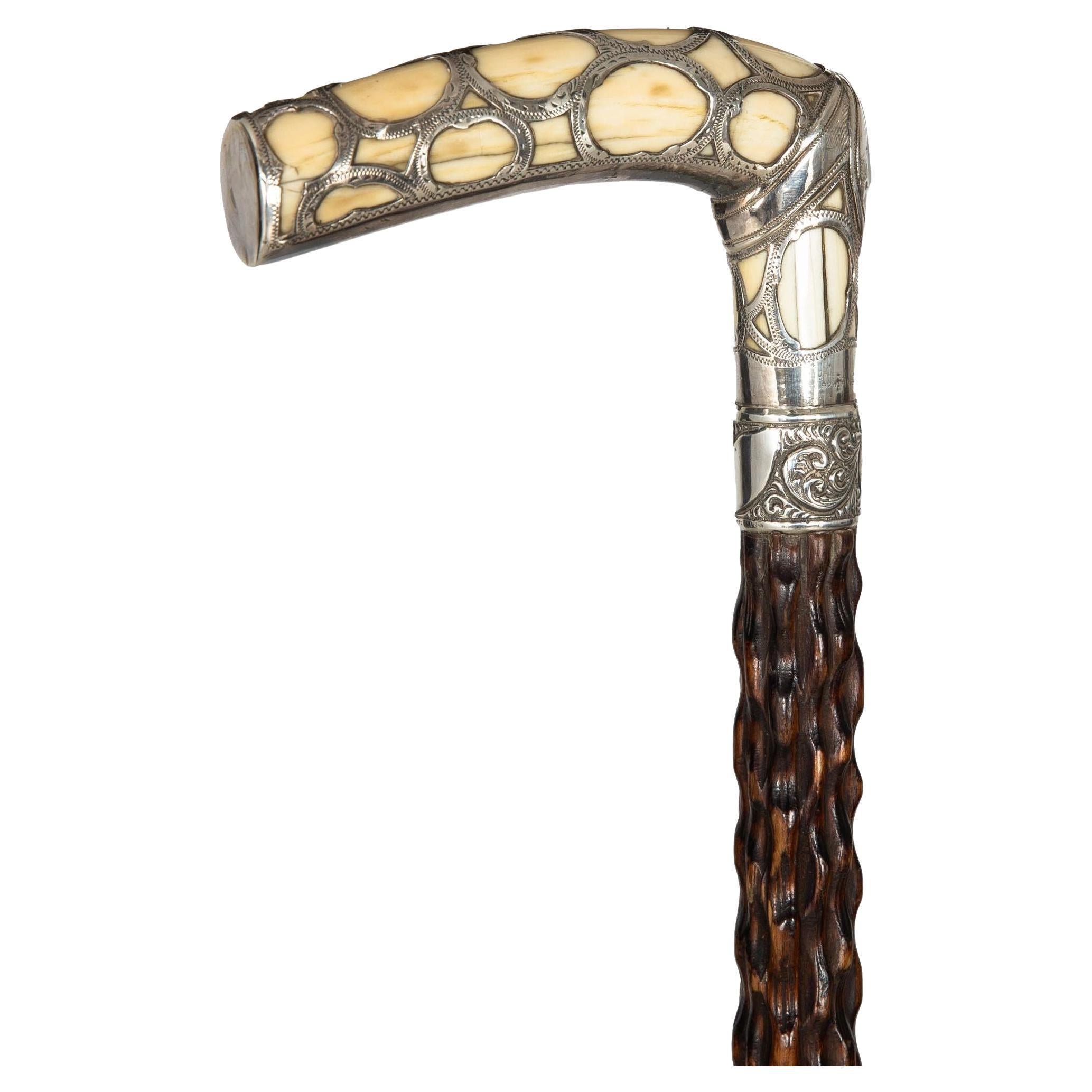 Vintage Carved Hardwood Sterling Silver Overlaid Cane Walking Stick
