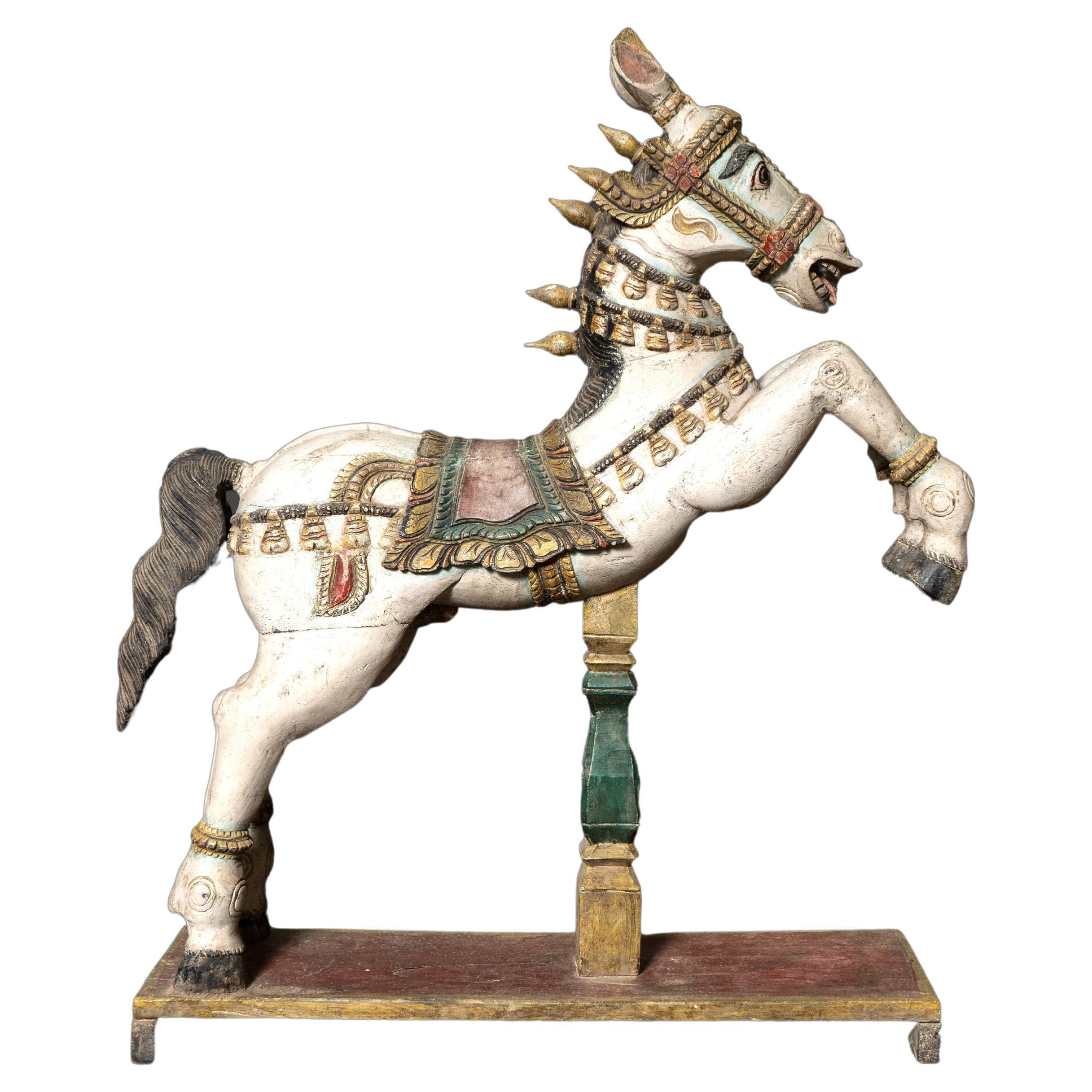 Vintage Wood Carved Horse Hand Painted Indian Horse Sculpture Raw