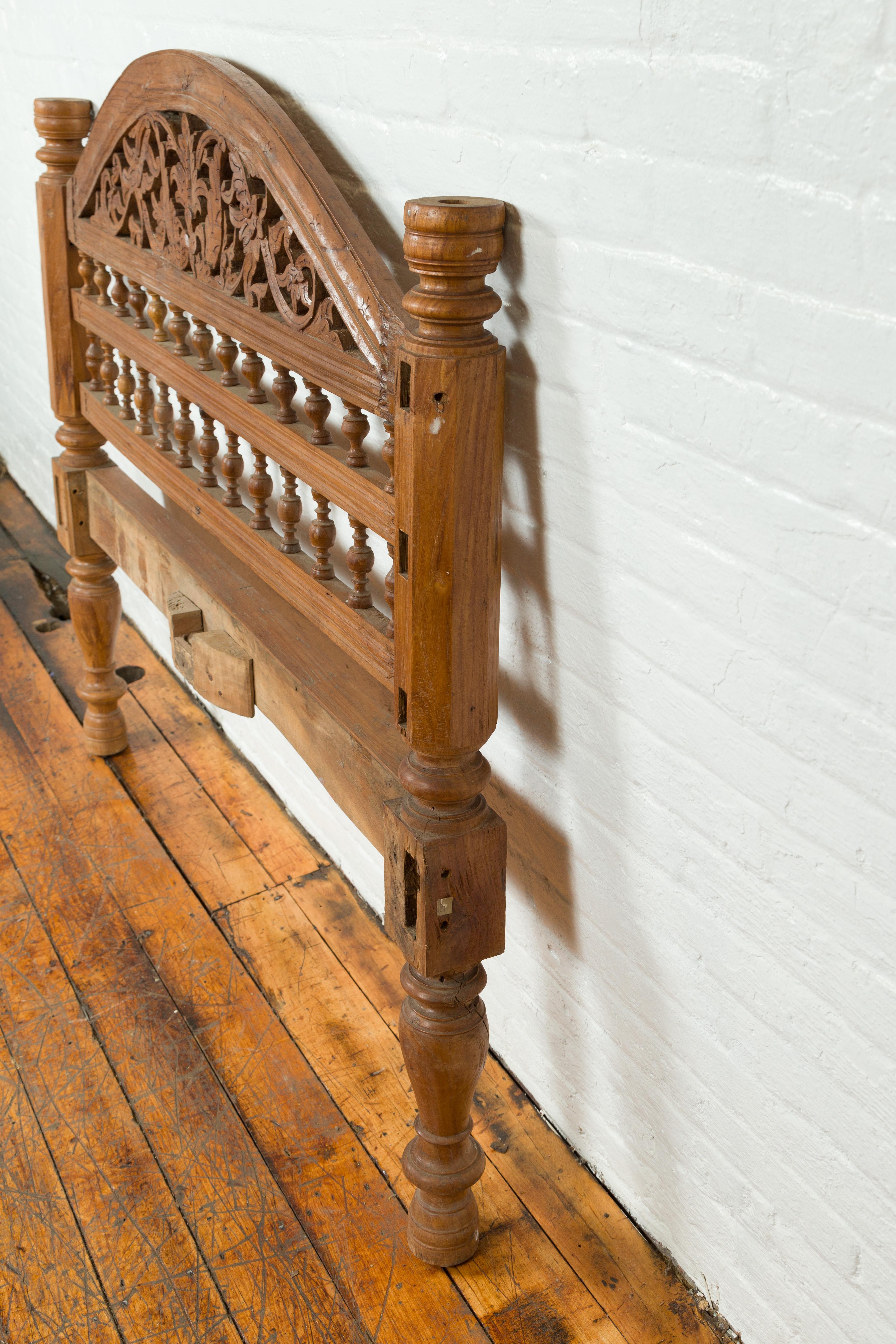 Vintage Carved Indonesian Headboard with Scrolling Foliage and Petite Balusters For Sale 1