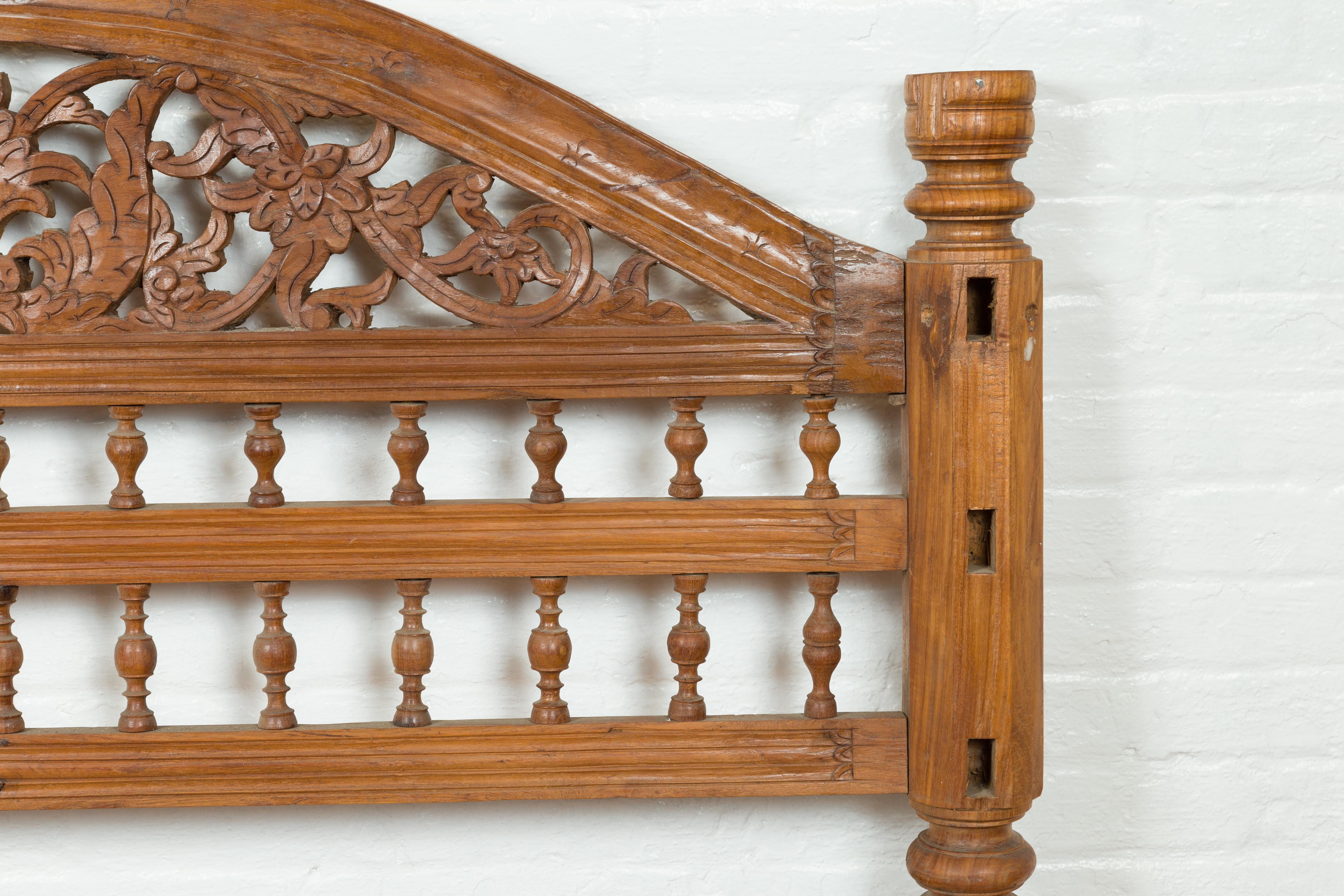 20th Century Vintage Carved Indonesian Headboard with Scrolling Foliage and Petite Balusters For Sale