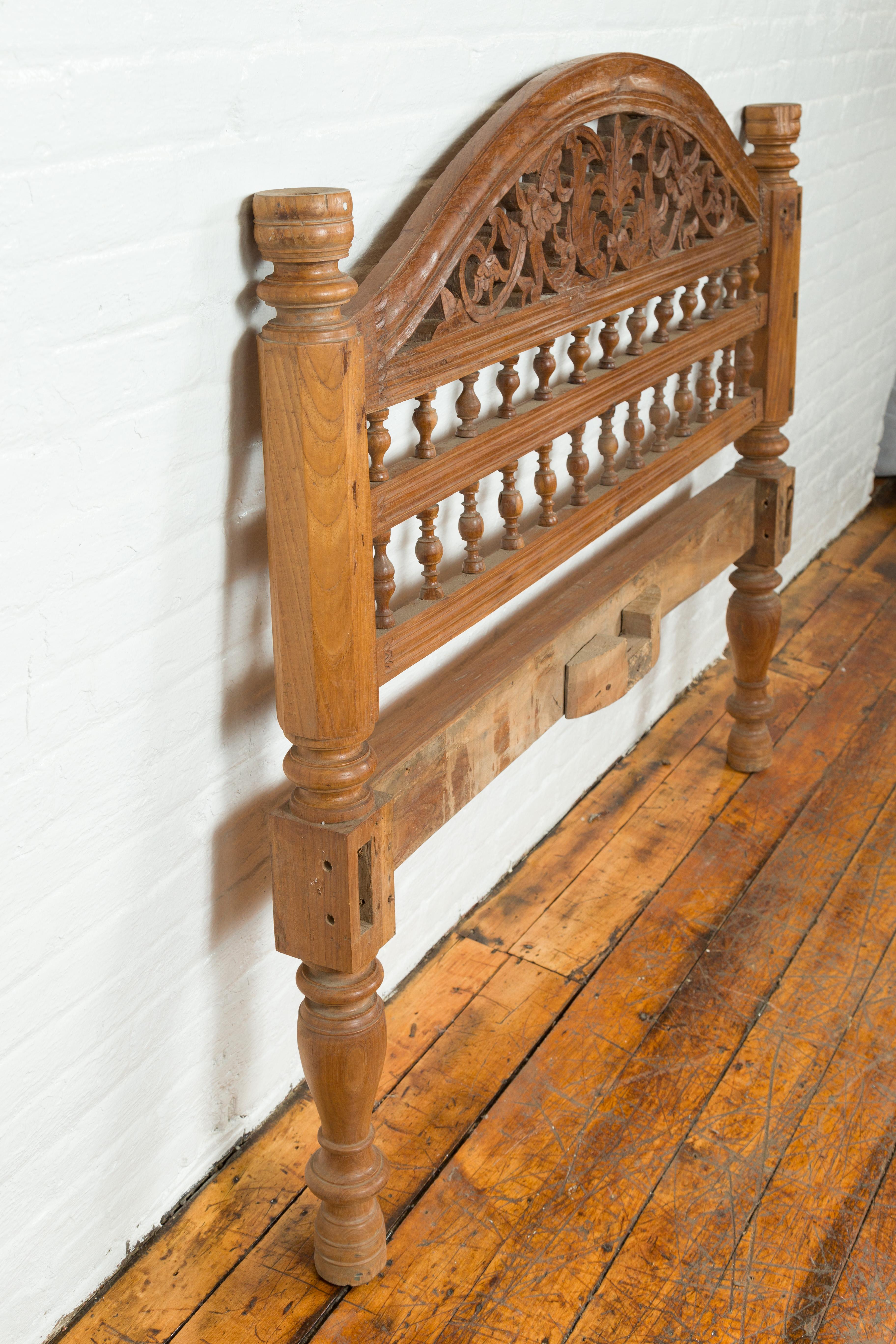 Wood Vintage Carved Indonesian Headboard with Scrolling Foliage and Petite Balusters For Sale