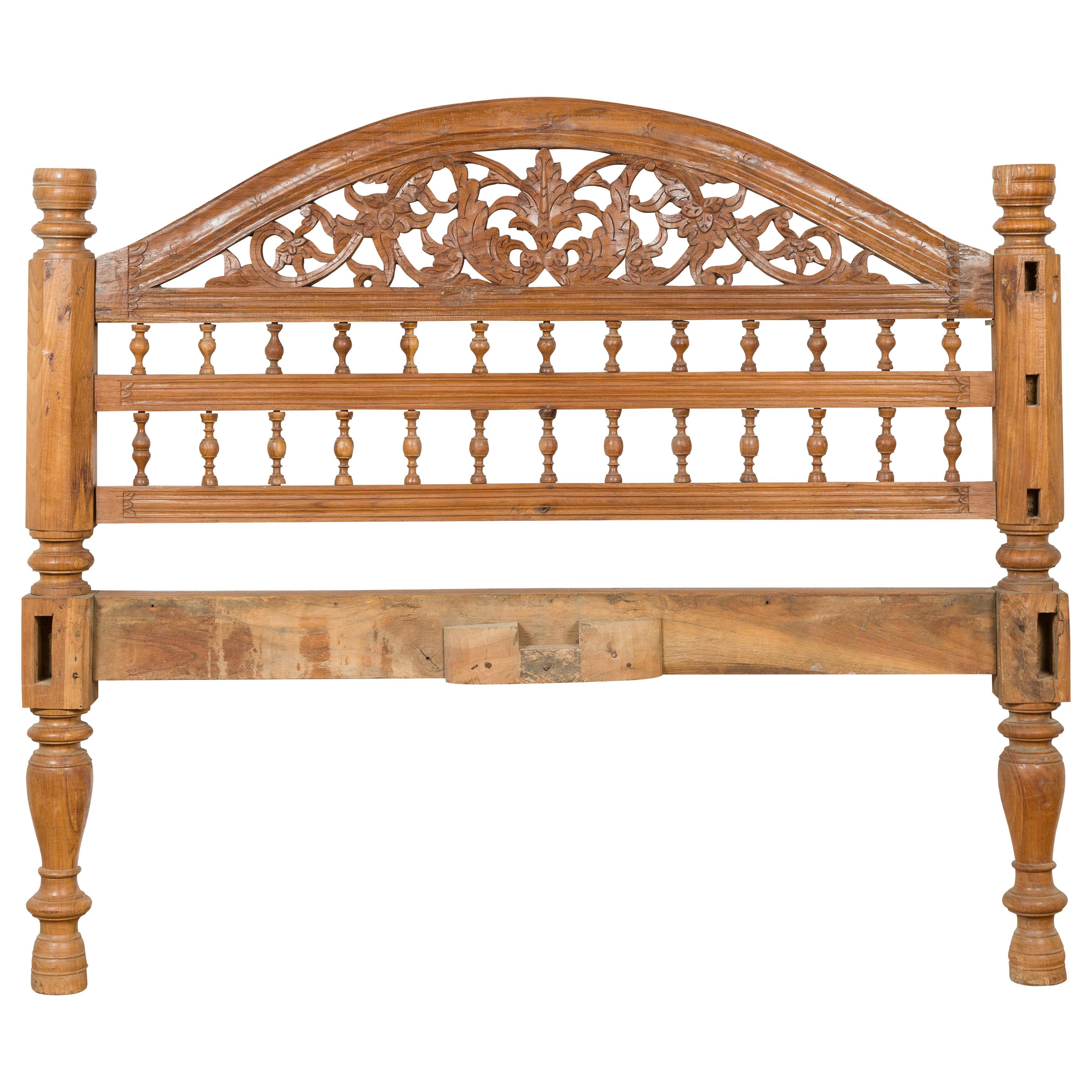 Vintage Carved Indonesian Headboard with Scrolling Foliage and Petite Balusters For Sale