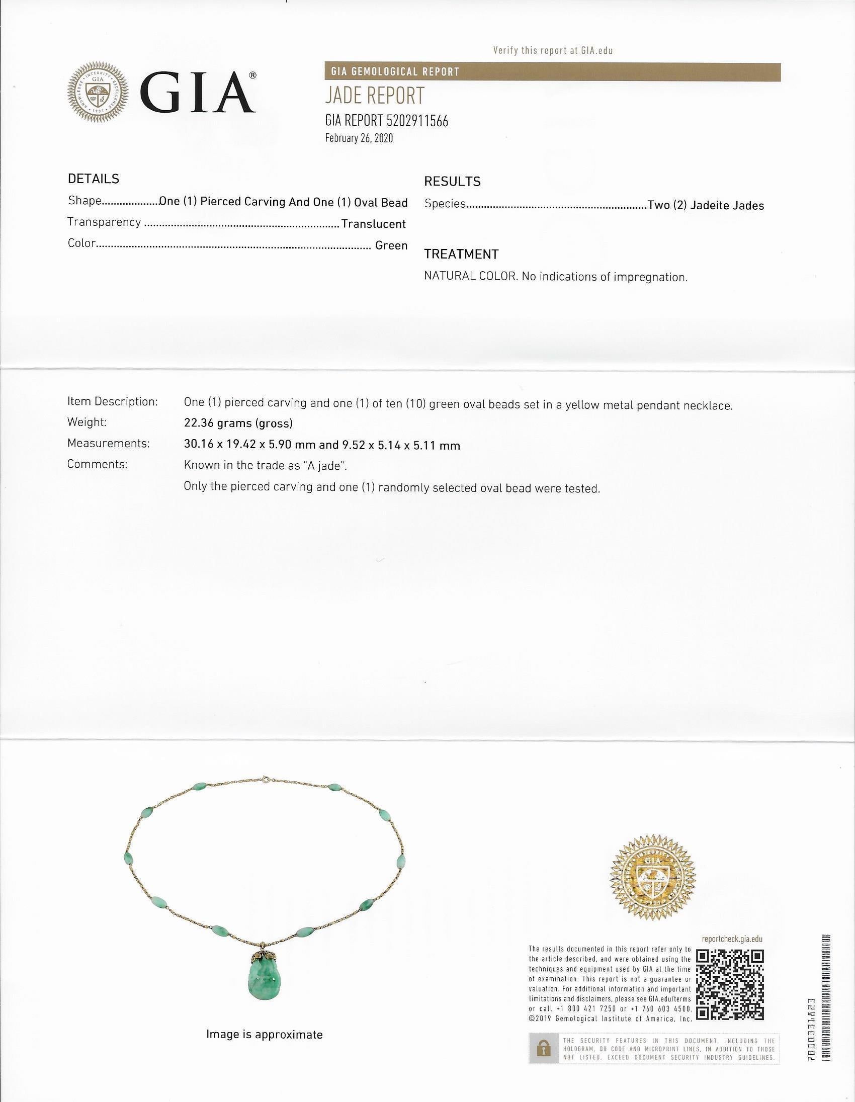 Women's or Men's GIA Certified Jade Necklace with 22K Yellow Gold