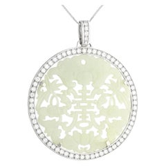 Vintage Carved Jade and 5.86 Carat Diamond White Gold Pendant, Circa 1950