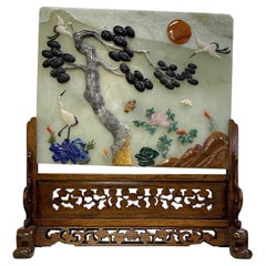 Vintage Carved Jade Asian Table Sculpture Wood Stand