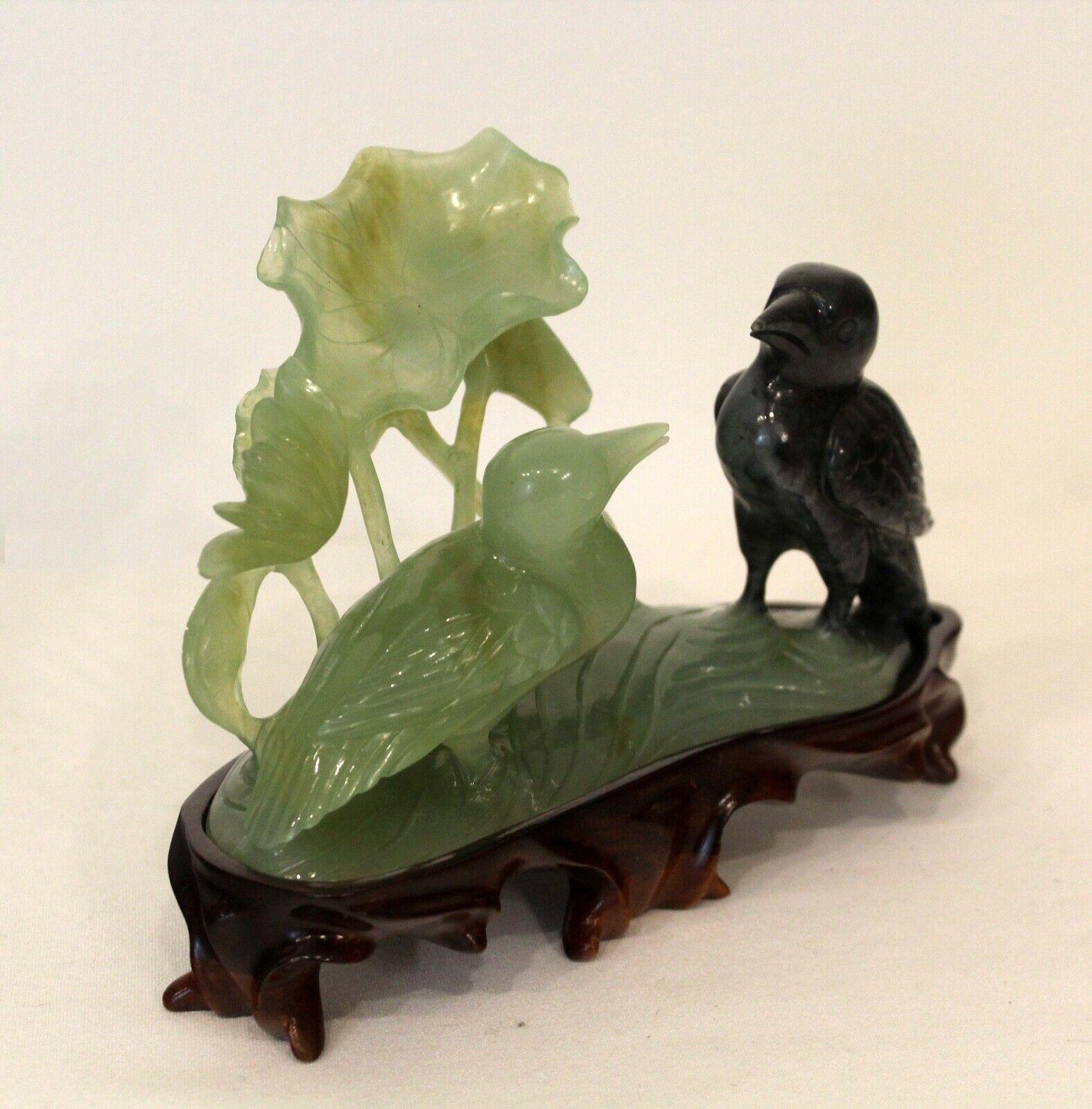 Vintage Carved Jade Birds on Wood Stand In Good Condition For Sale In Keego Harbor, MI