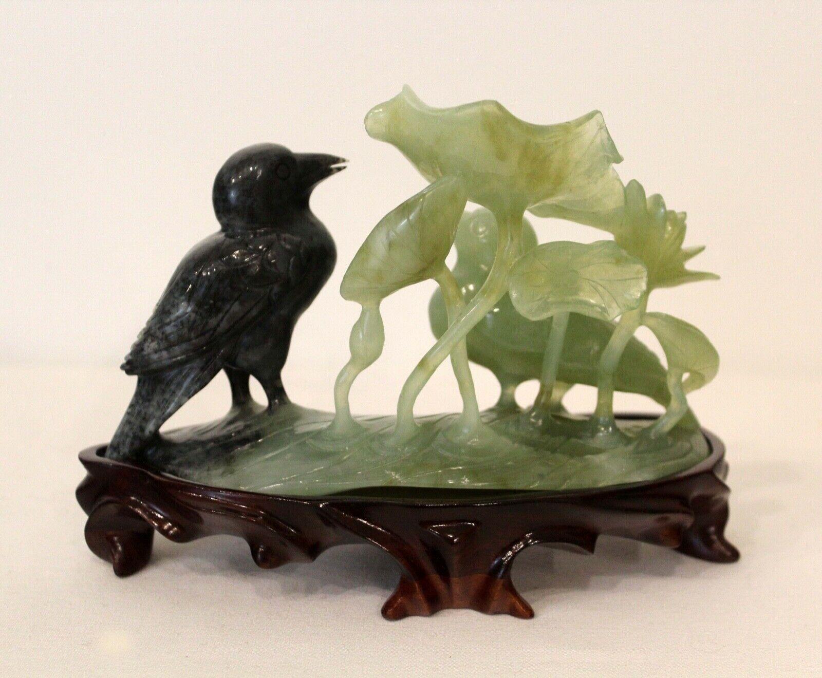 20th Century Vintage Carved Jade Birds on Wood Stand For Sale
