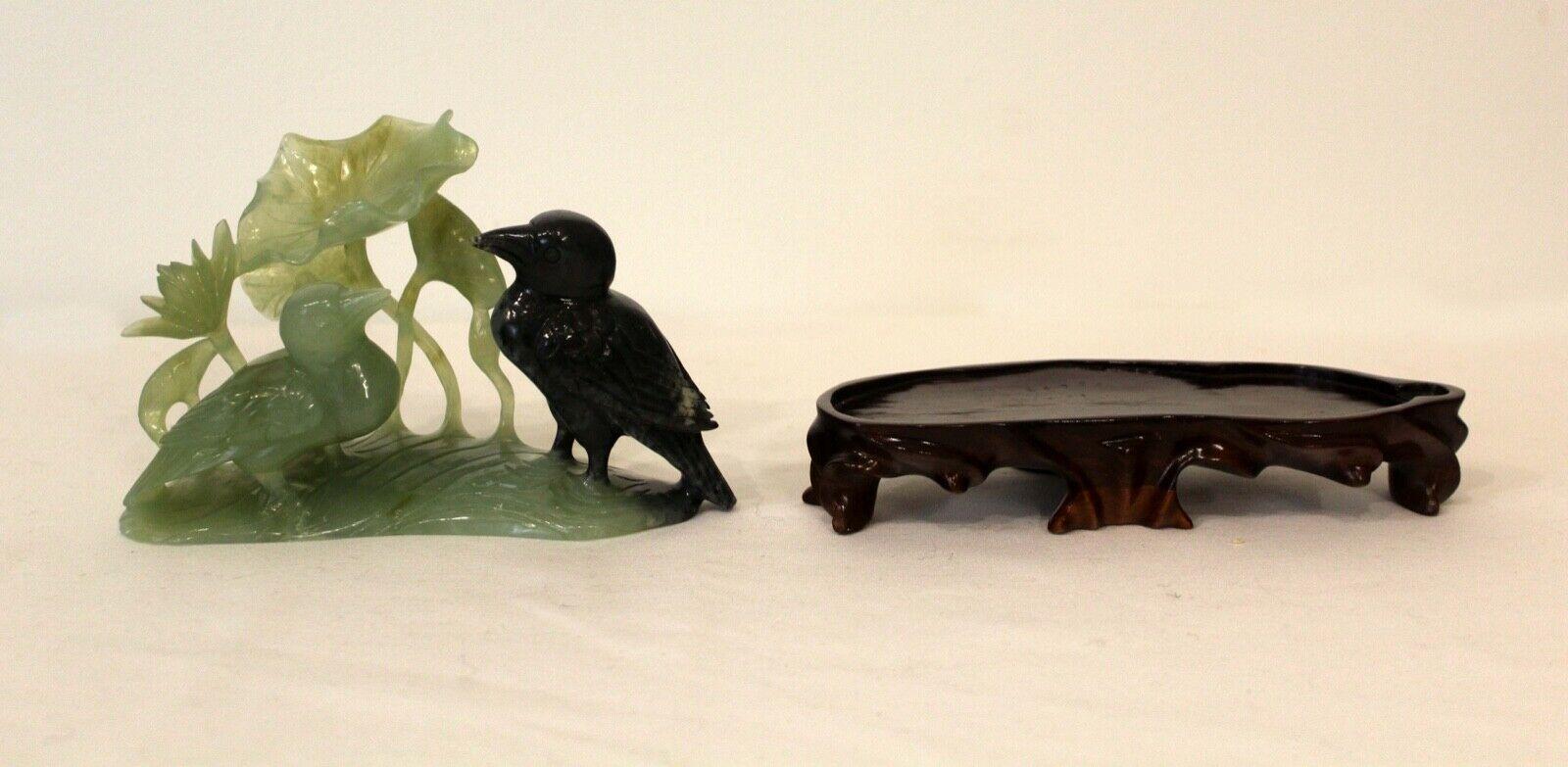 Vintage Carved Jade Birds on Wood Stand For Sale 3