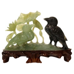 Vintage Carved Jade Birds on Wood Stand
