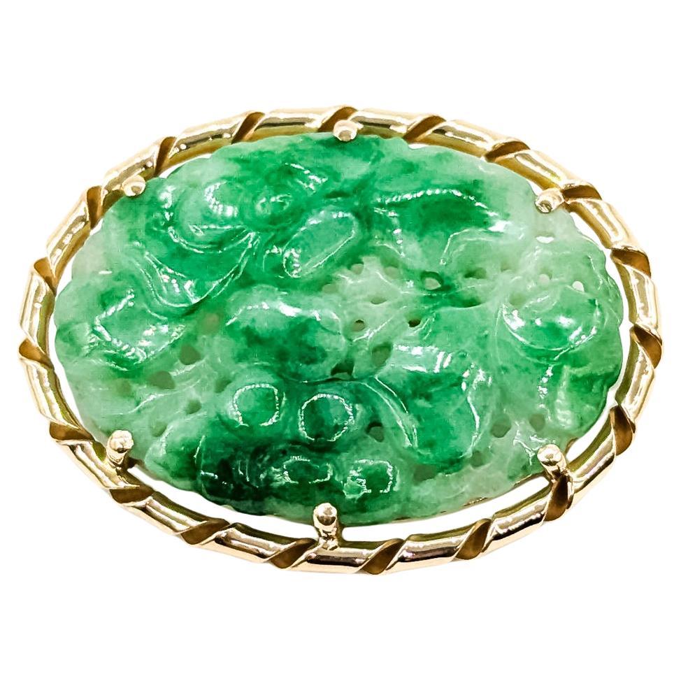 Vintage geschnitzt Jade Brosche in 14k Gelbgold