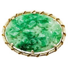 Vintage Carved Jade Brooch in 14k Yellow Gold