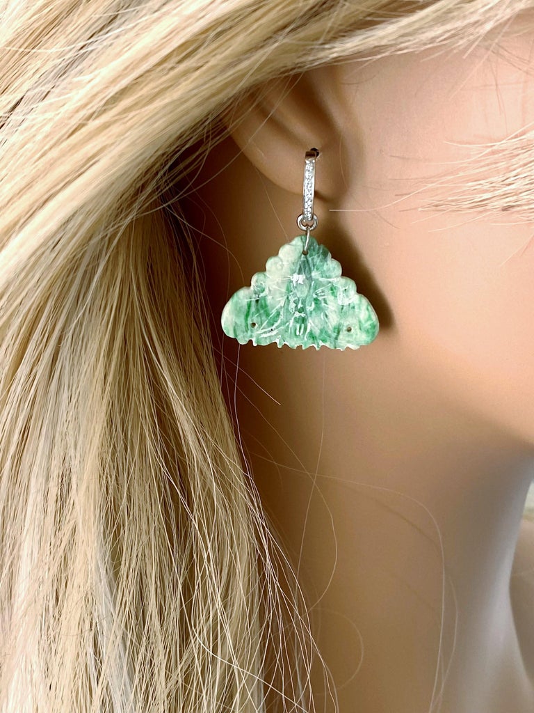 Contemporary Vintage Carved Jade Buttons on Diamond Hoop White Gold Earrings For Sale