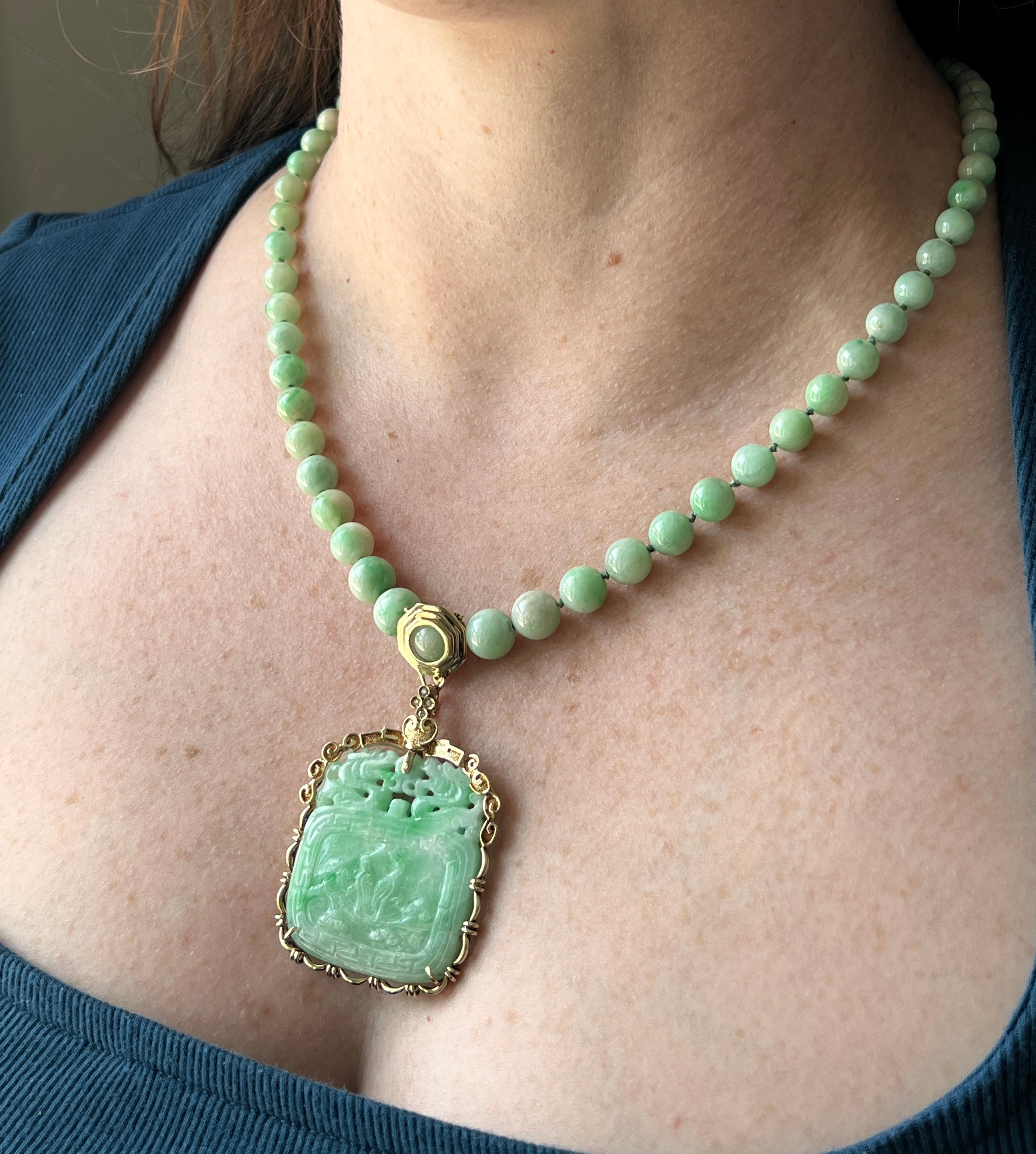 Vintage Carved Jade & Diamond 14k Yellow Gold Detachable Pendant Necklace 1980s For Sale 5