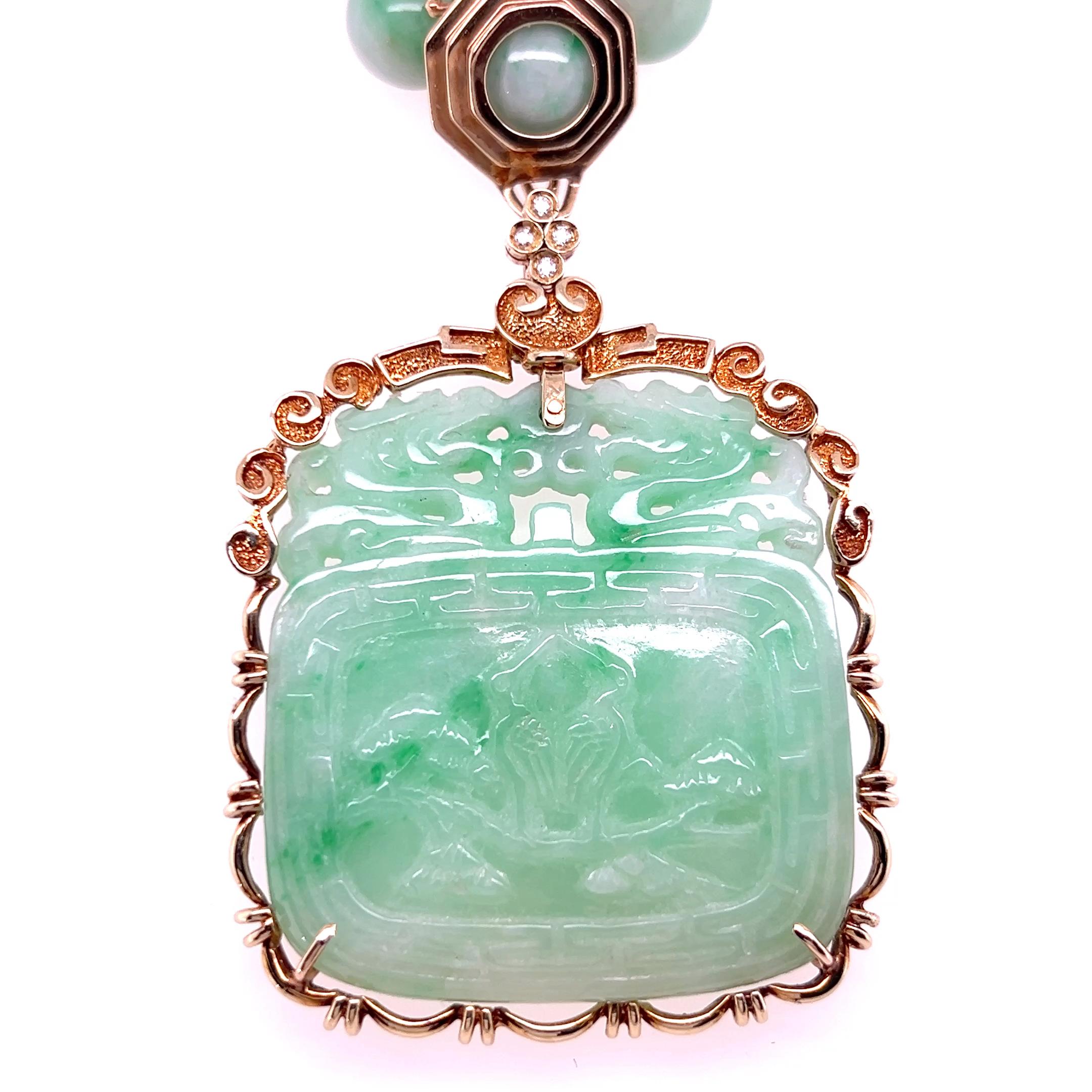 Vintage Carved Jade & Diamond 14k Yellow Gold Detachable Pendant Necklace 1980s For Sale 6