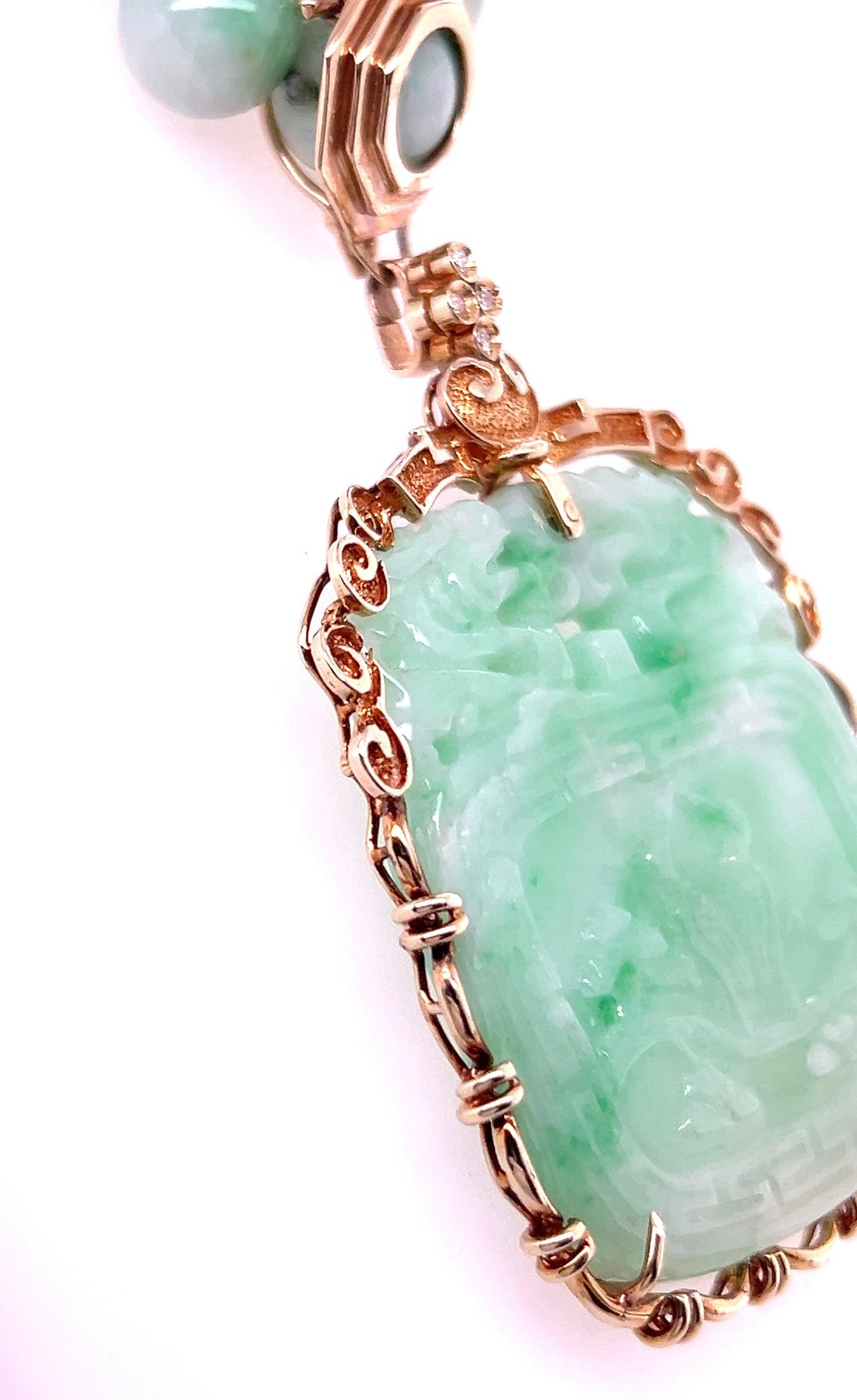 Vintage Carved Jade & Diamond 14k Yellow Gold Detachable Pendant Necklace 1980s For Sale 7