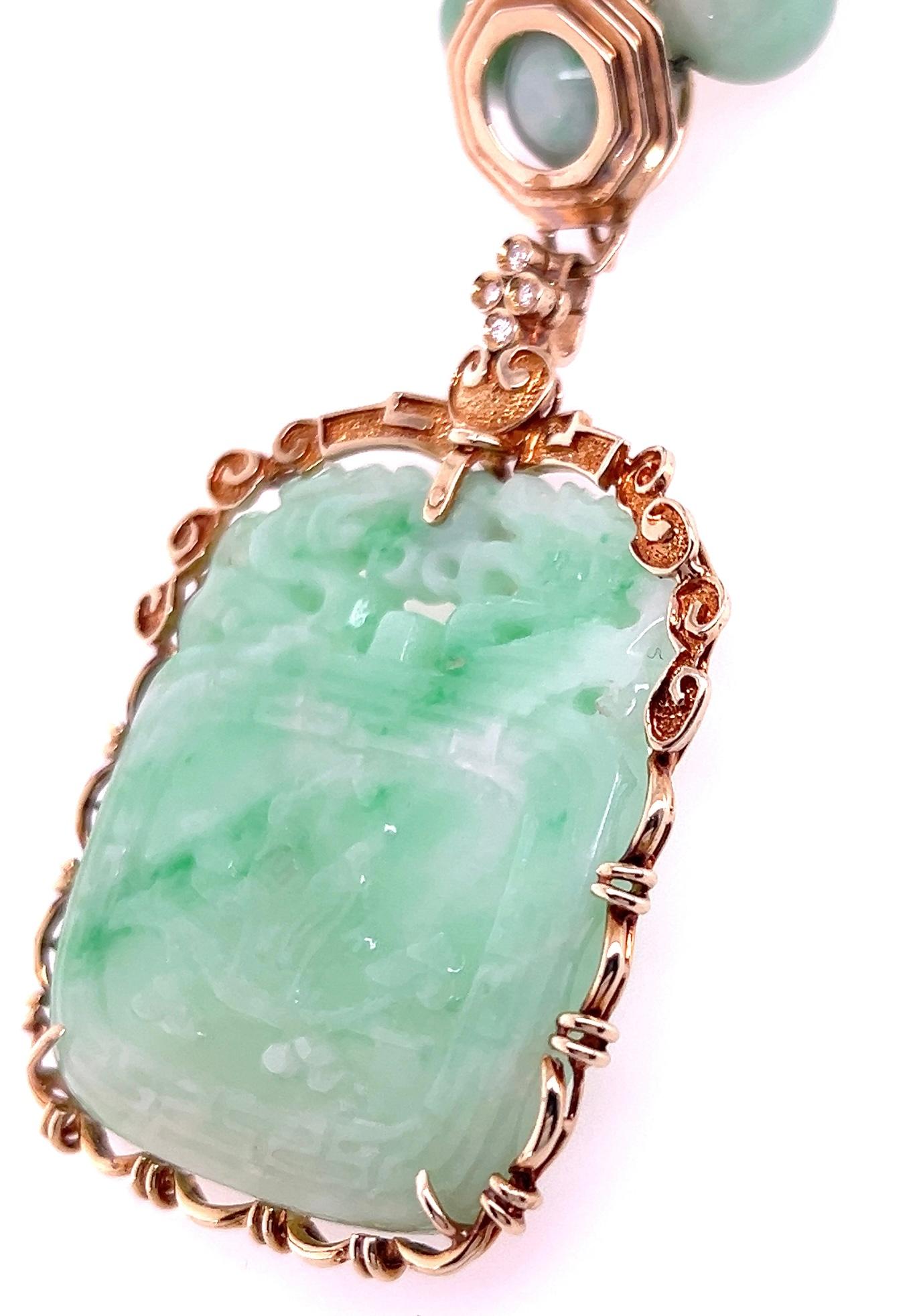 Vintage Carved Jade & Diamond 14k Yellow Gold Detachable Pendant Necklace 1980s For Sale 8