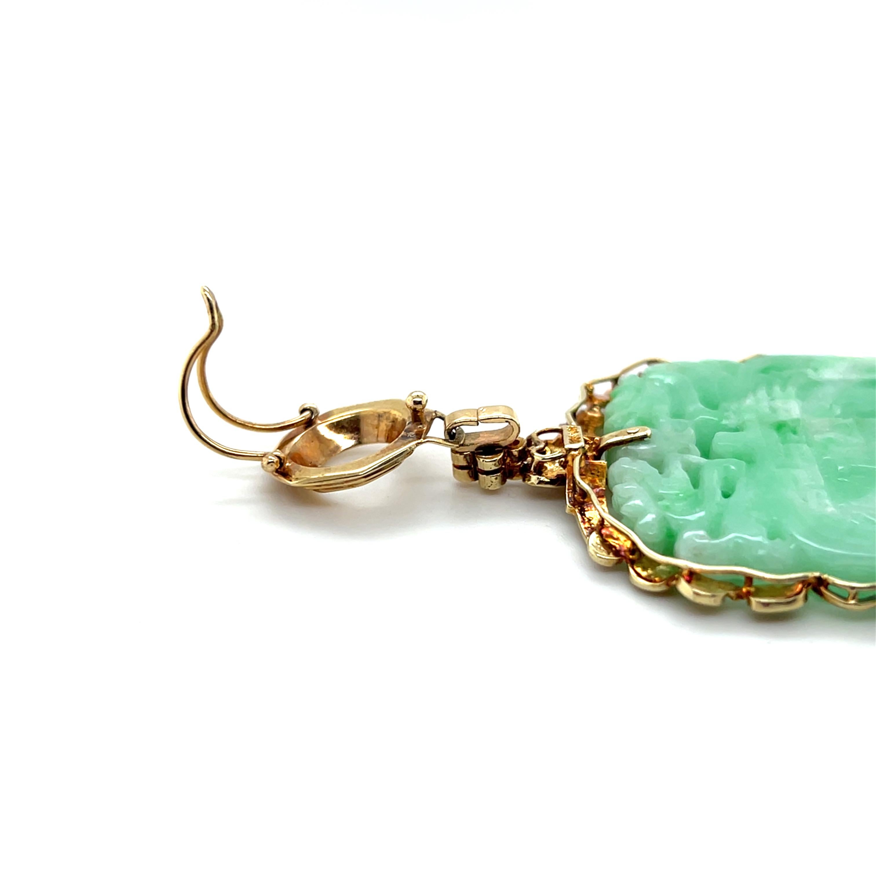 Vintage Carved Jade & Diamond 14k Yellow Gold Detachable Pendant Necklace 1980s For Sale 11