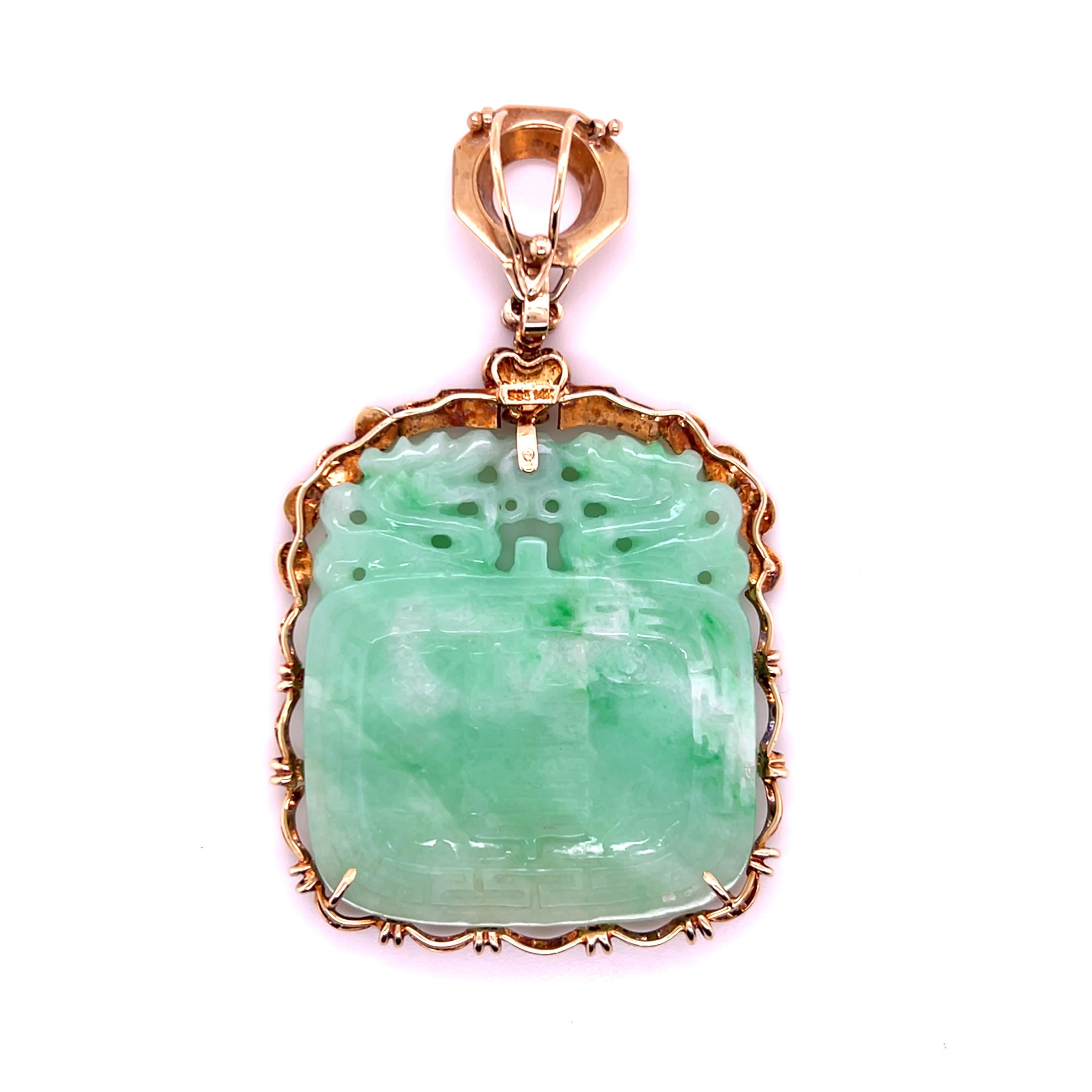 Vintage Carved Jade & Diamond 14k Yellow Gold Detachable Pendant Necklace 1980s For Sale 12