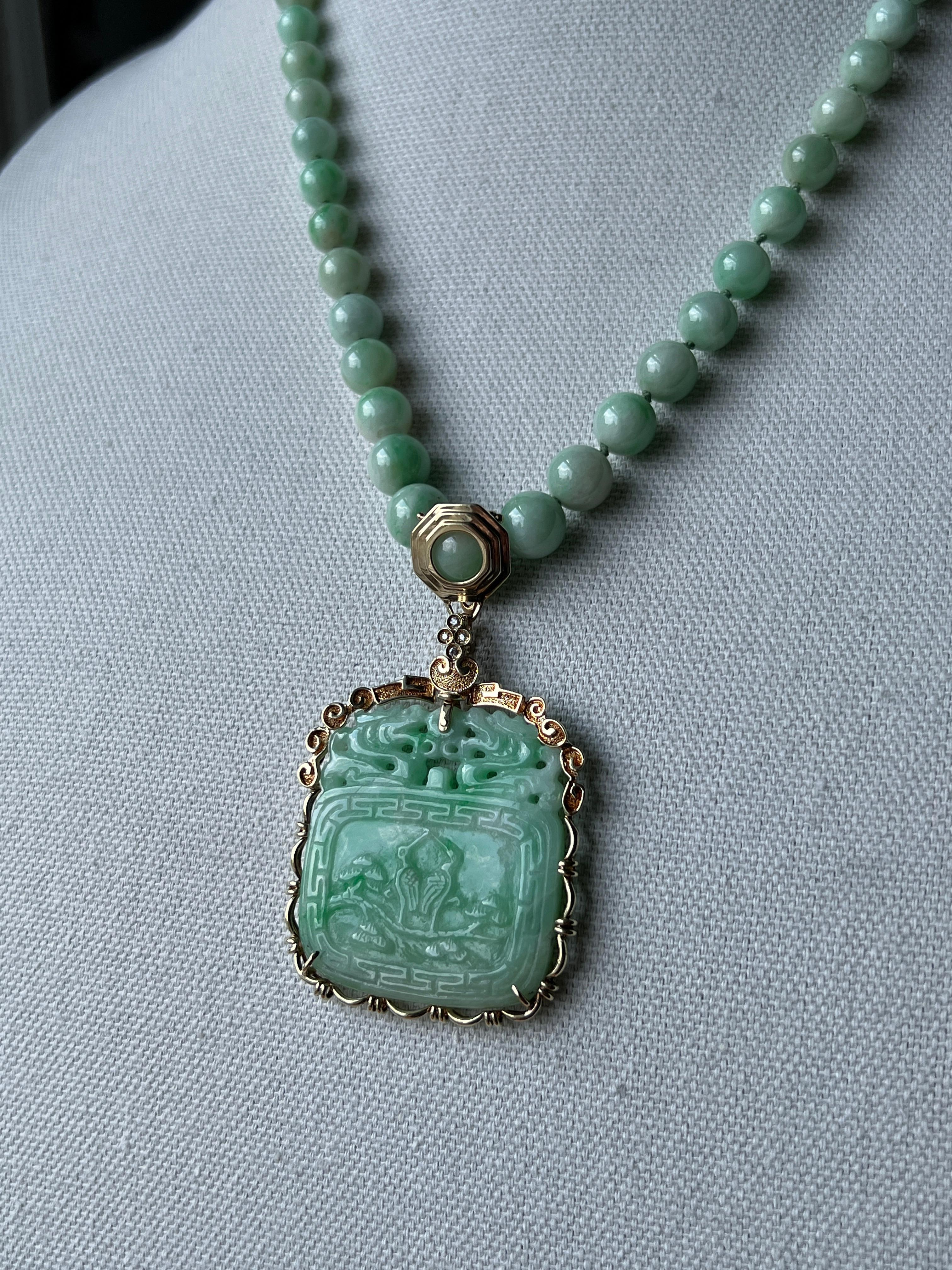 Mixed Cut Vintage Carved Jade & Diamond 14k Yellow Gold Detachable Pendant Necklace 1980s For Sale