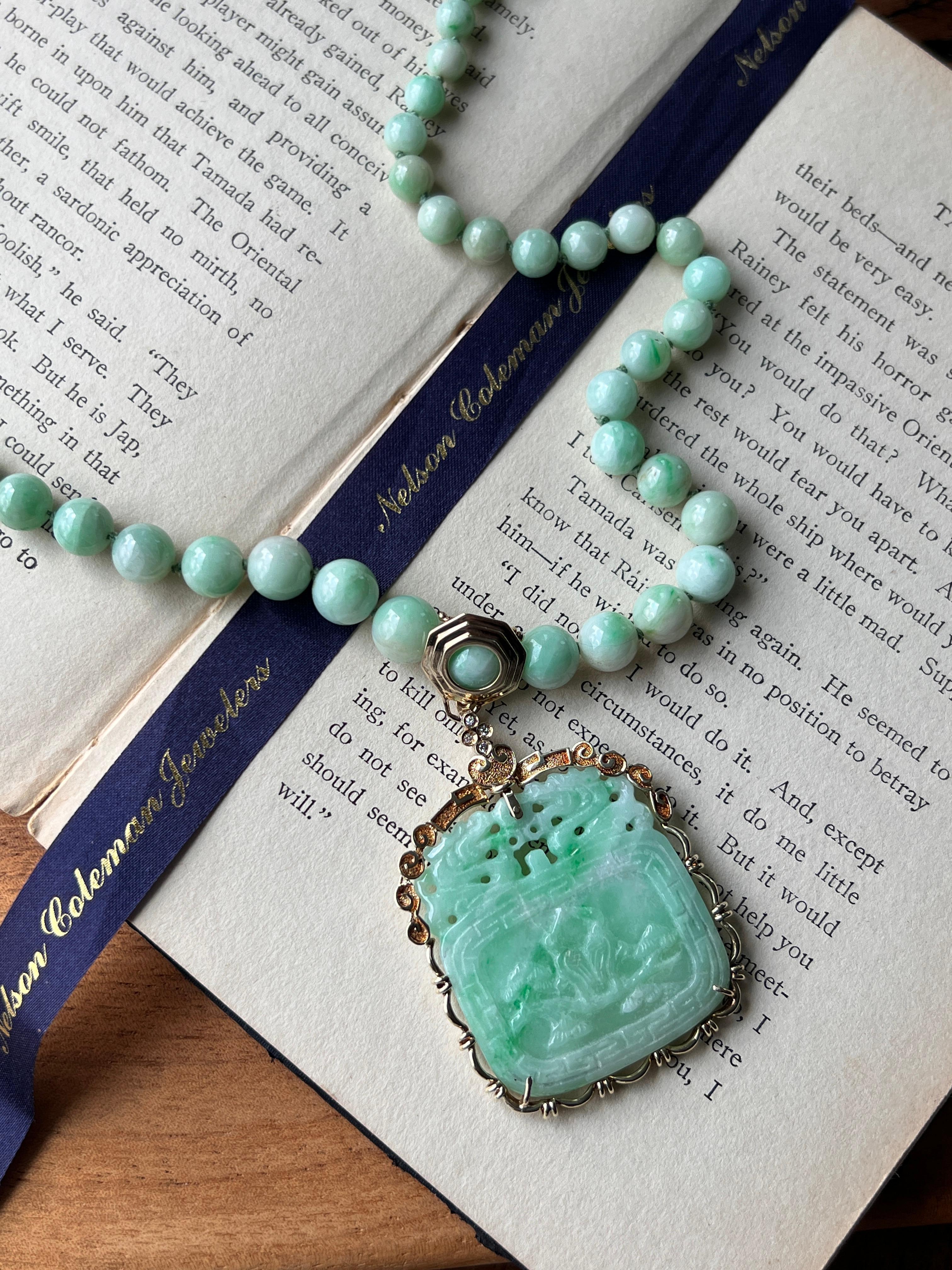 Vintage Carved Jade & Diamond 14k Yellow Gold Detachable Pendant Necklace 1980s For Sale 2
