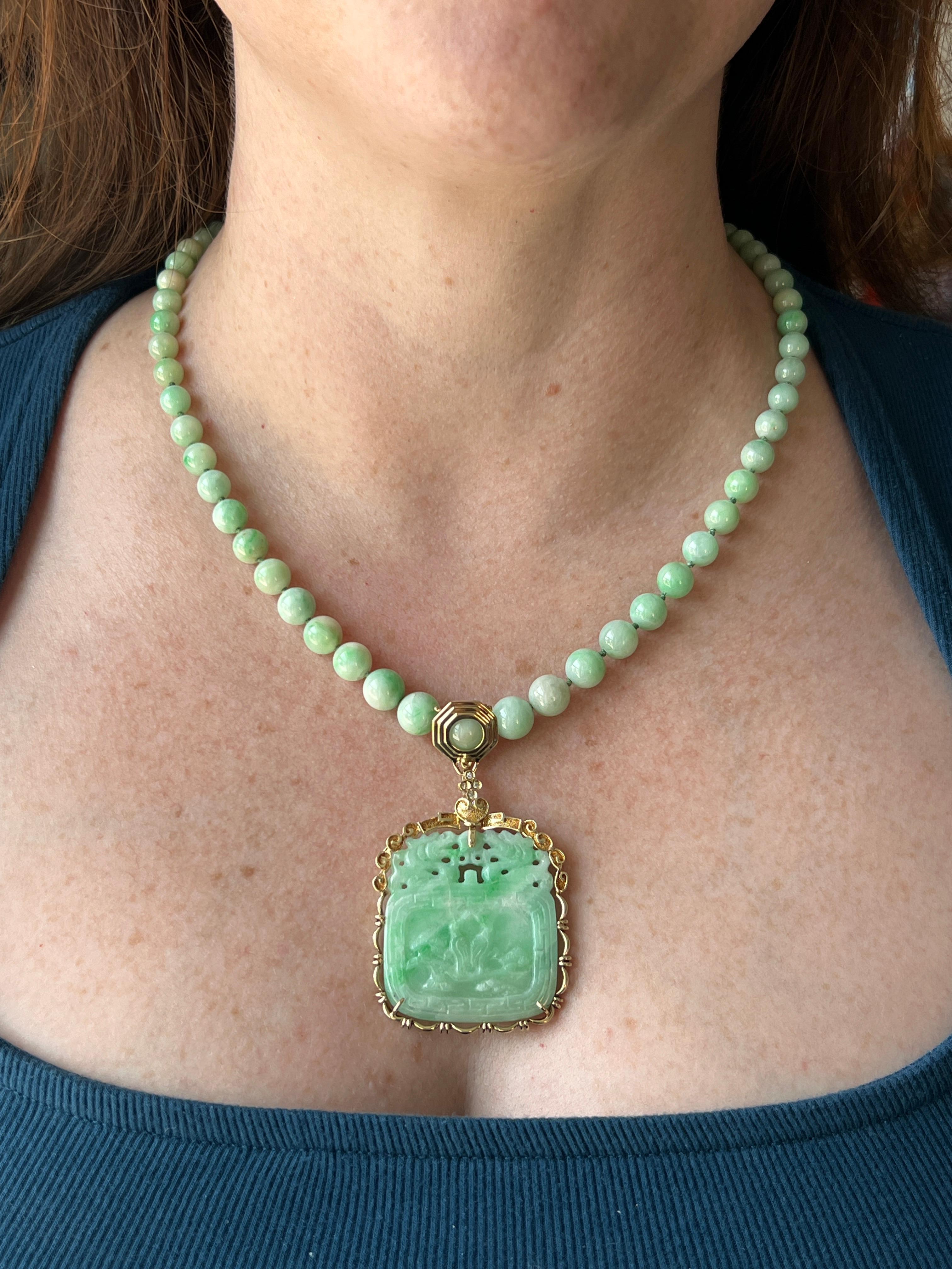 Vintage Carved Jade & Diamond 14k Yellow Gold Detachable Pendant Necklace 1980s For Sale 4