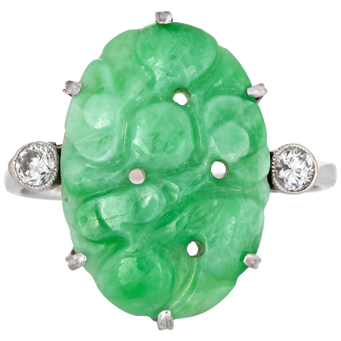 Vintage Carved Jade Diamond Ring 18 Karat White Gold Estate Fine Jewelry Green