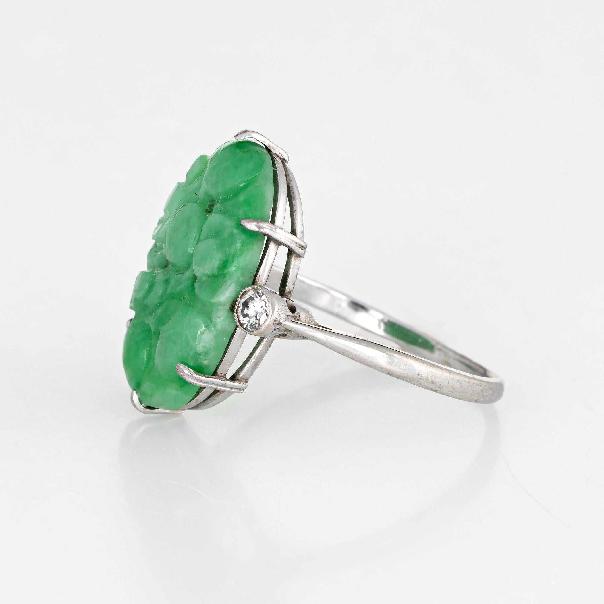 Modern Vintage Carved Jade Diamond Ring 18 Karat White Gold Estate Fine Jewelry Green