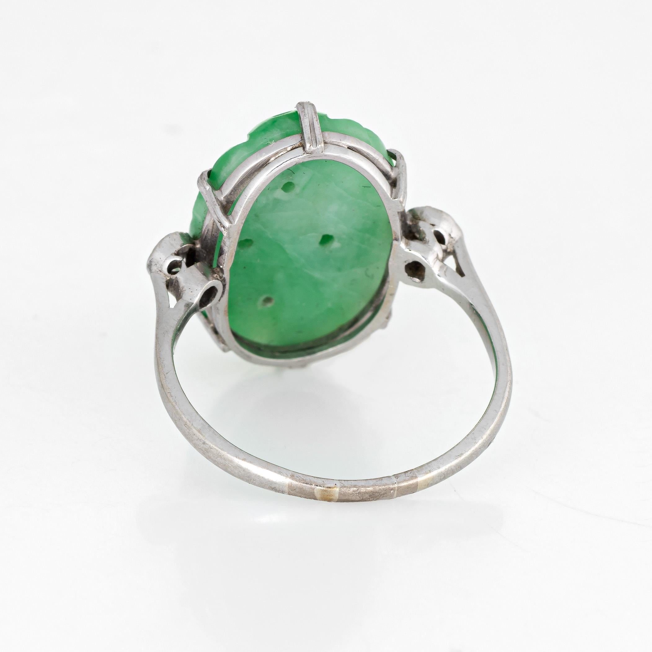 Oval Cut Vintage Carved Jade Diamond Ring 18 Karat White Gold Estate Fine Jewelry Green