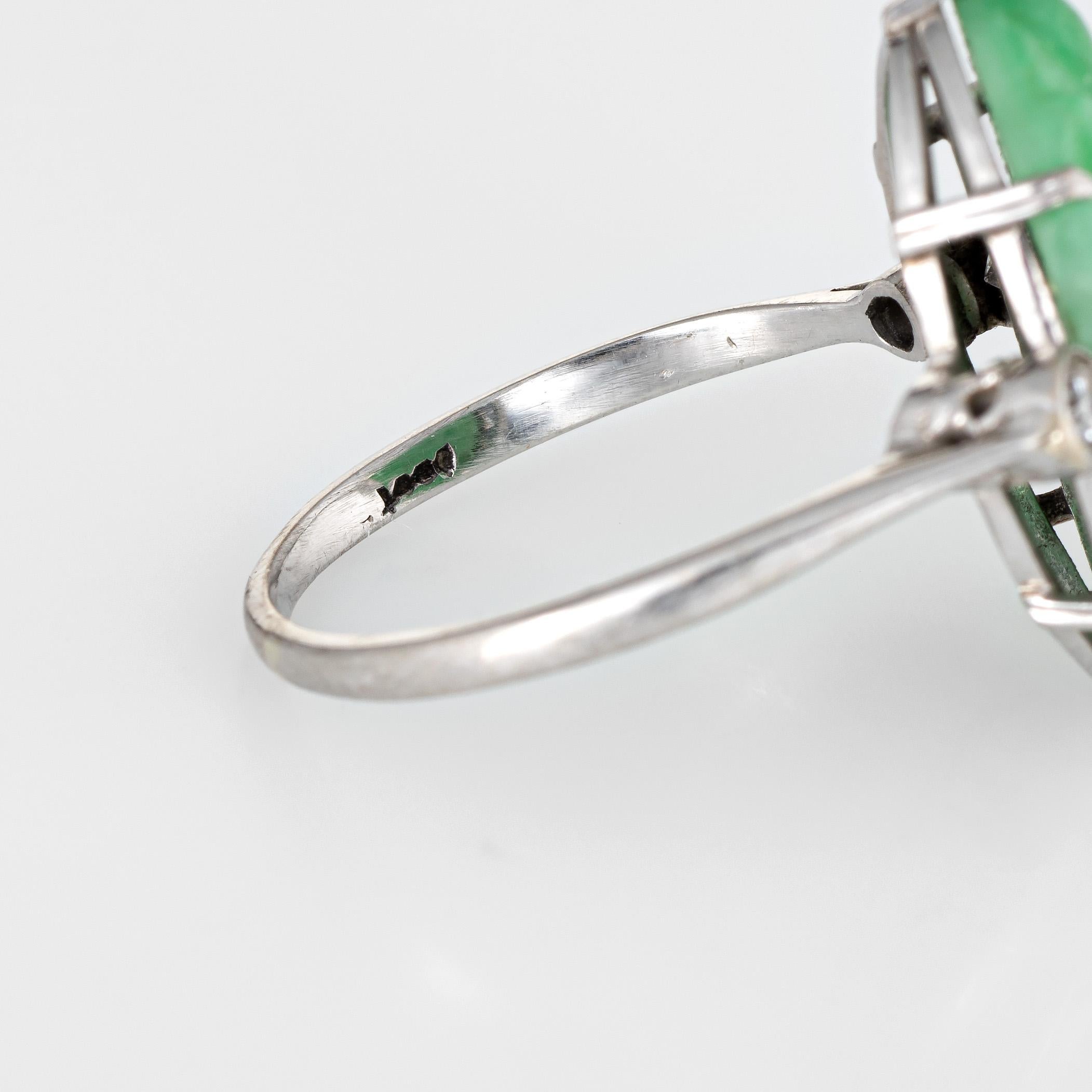 Women's or Men's Vintage Carved Jade Diamond Ring 18 Karat White Gold Estate Fine Jewelry Green
