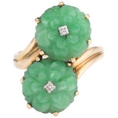 Vintage Carved Jade Diamond Ring Moi et Toi 14 Karat Yellow Gold Flower Jewelry