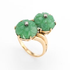 Vintage Carved Jade Diamond Ring Moi et Toi 14 Karat Yellow Gold Flower Jewelry