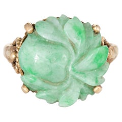 Vintage Carved Jade Flower Ring 14 Karat Gold Round Cocktail Jewelry Estate