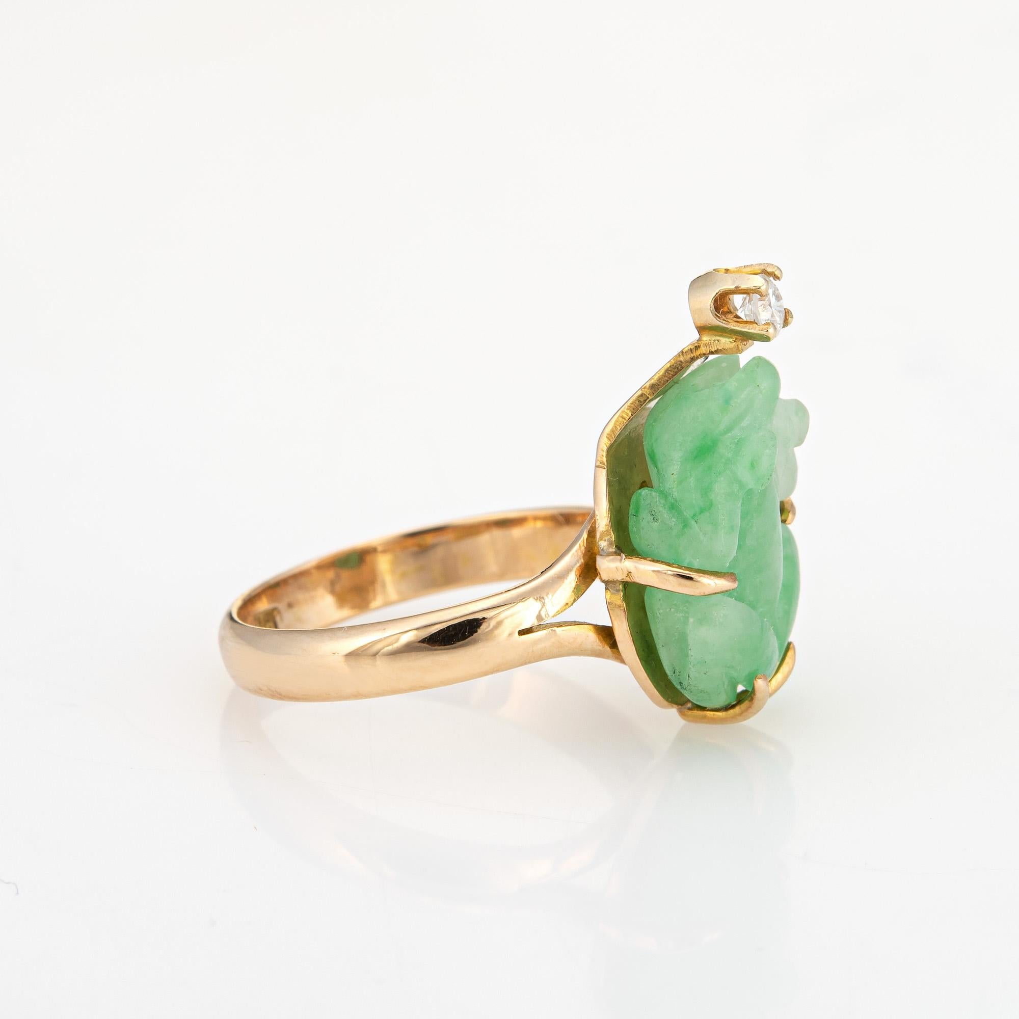 Modern Vintage Carved Jade Frog Ring Diamond 14k Yellow Gold Sz 4.25 Estate Jewelry