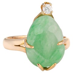 Retro Carved Jade Frog Ring Diamond 14k Yellow Gold Sz 4.25 Estate Jewelry