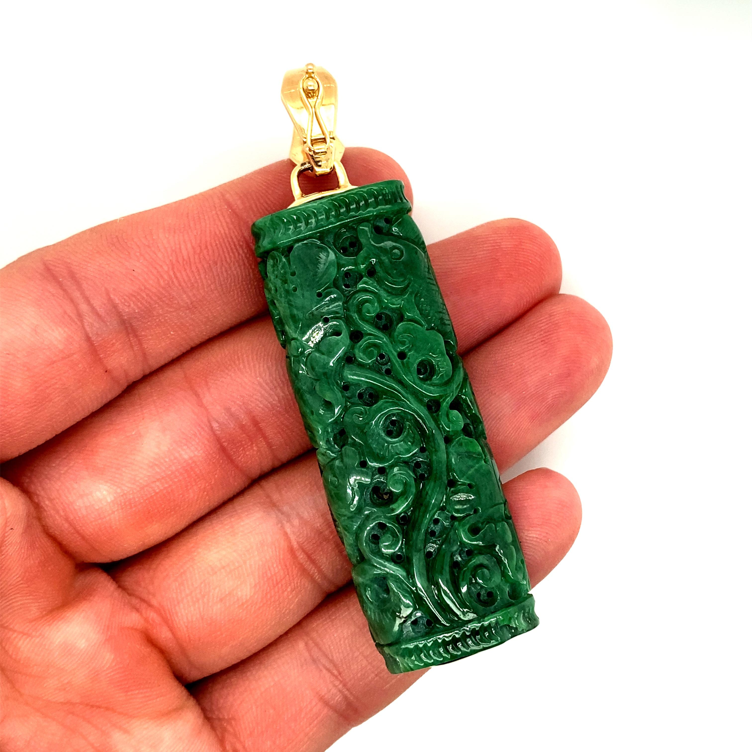 Retro Vintage Carved Jade on a Malachite Bead Necklace, 14kt Yellow Gold
