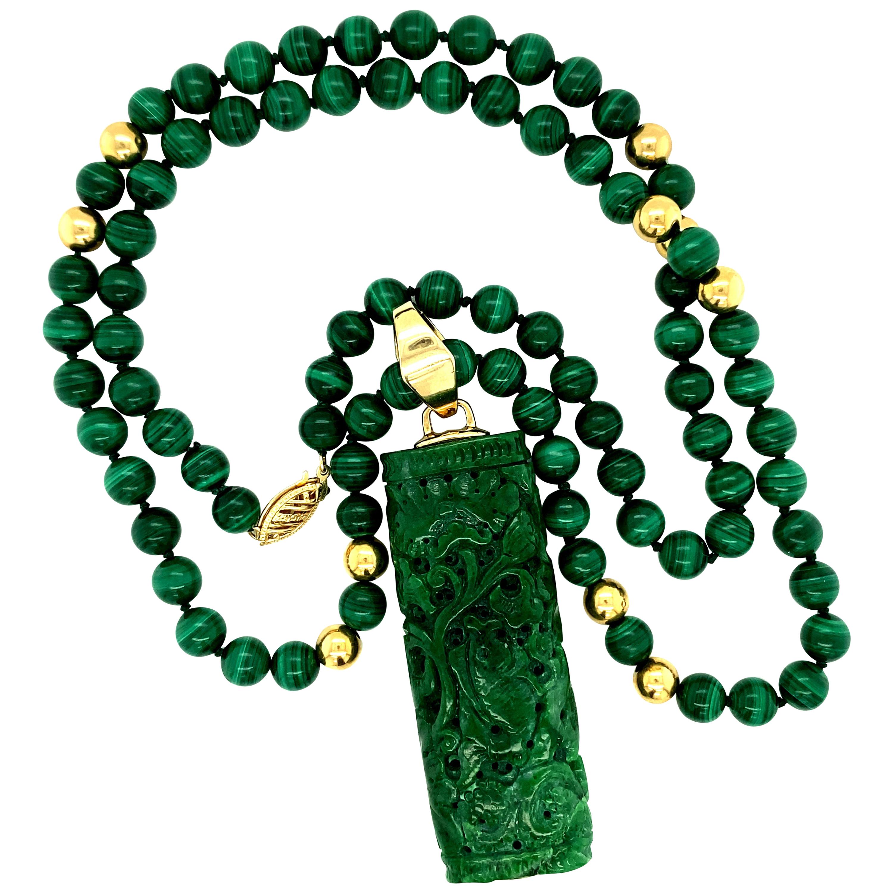 Vintage Carved Jade on a Malachite Bead Necklace, 14kt Yellow Gold