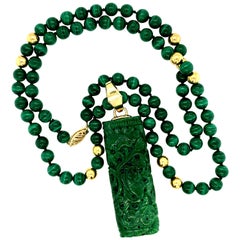 Vintage Carved Jade on a Malachite Bead Necklace, 14kt Yellow Gold