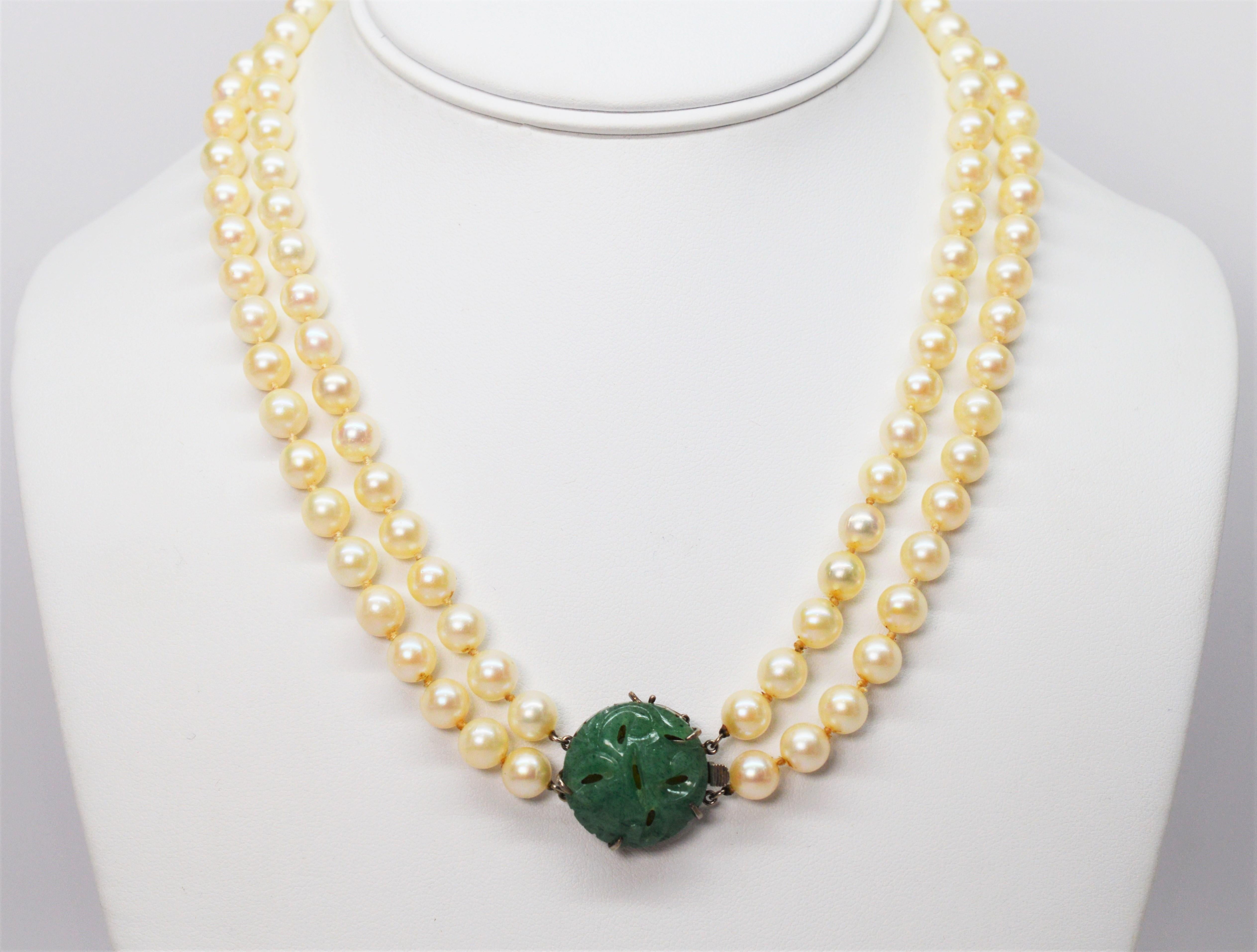 Vintage Carved Jade on Double Strand Pearl Necklace 1