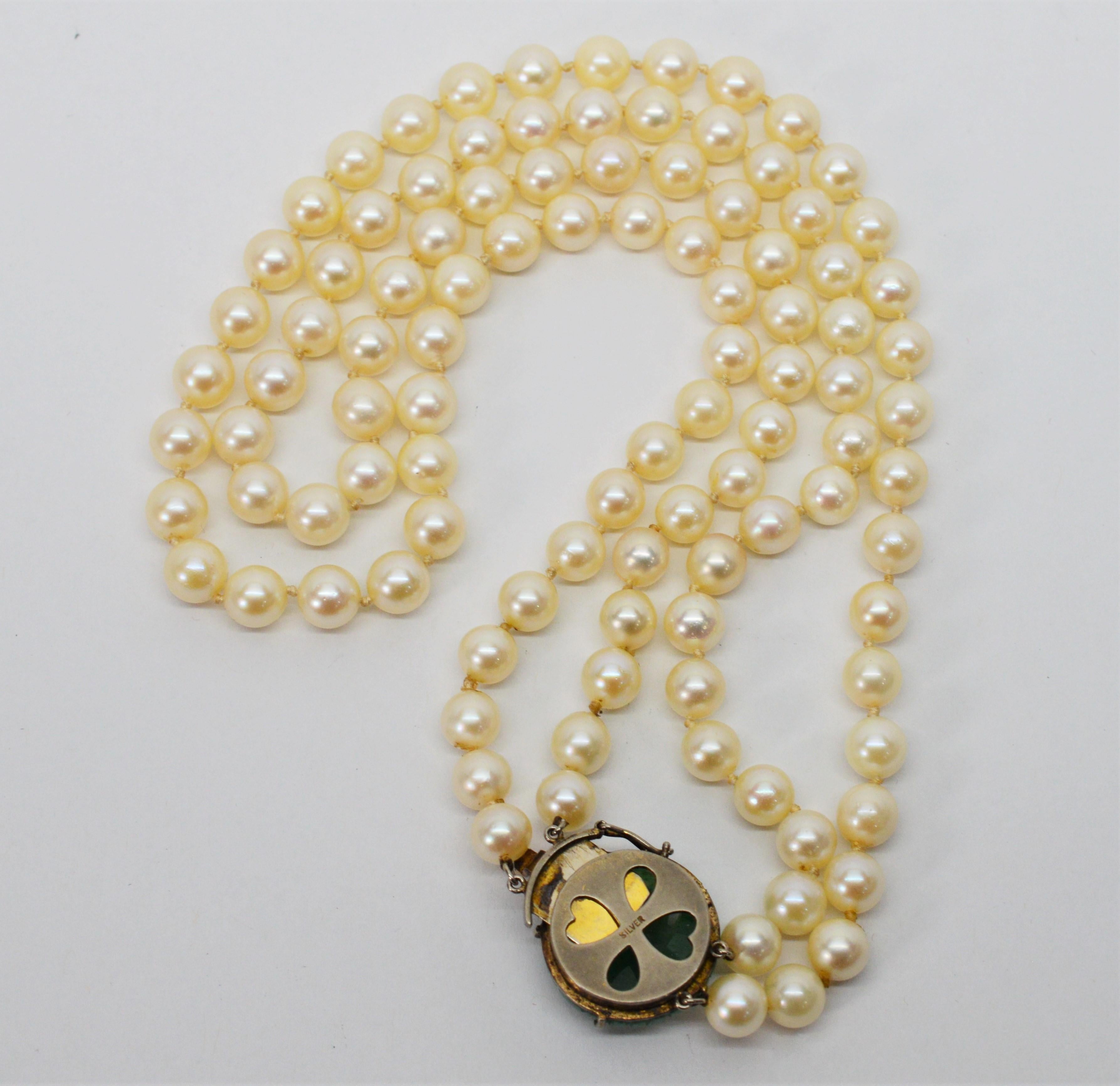 Women's Vintage Carved Jade on Double Strand Pearl Necklace