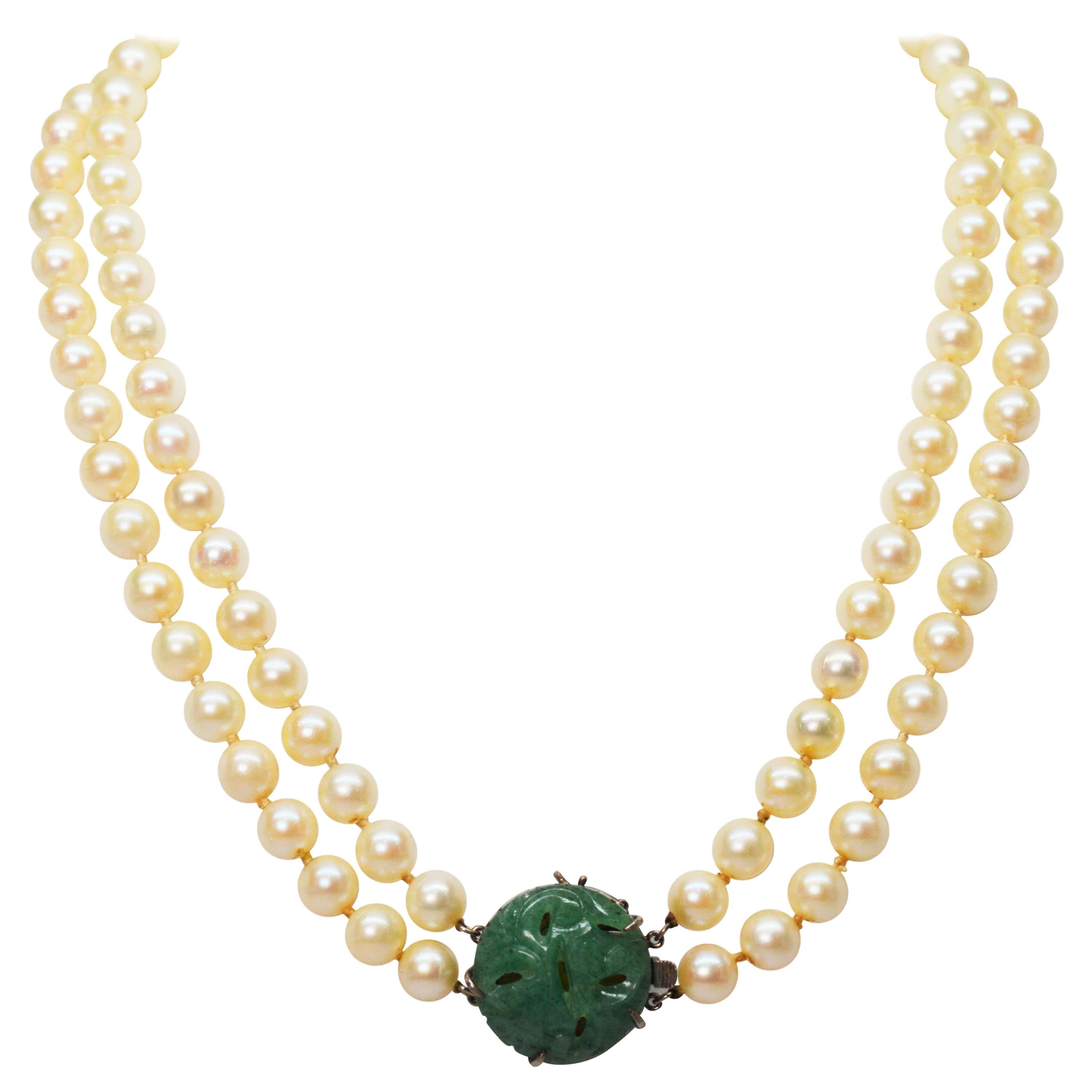 Vintage Carved Jade on Double Strand Pearl Necklace
