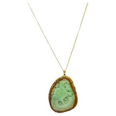 Vintage Carved Jade Pendant 18k Gold Chain Necklace