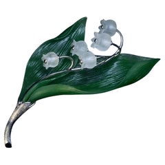 Vintage Carved Jade Rock Crystal Gold Lily of the Valley Brooch