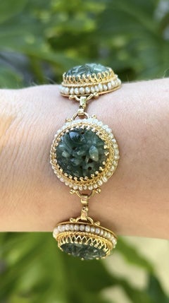 Vintage Carved Jade & Seed Pearl Bracelet 14K Yellow Gold